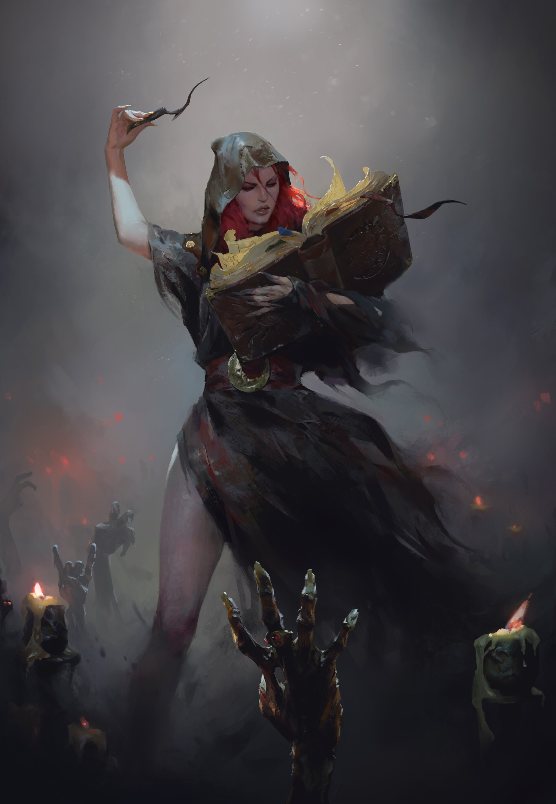 Redhead sorceress casting a spell from a book HD Phone Wallpaper