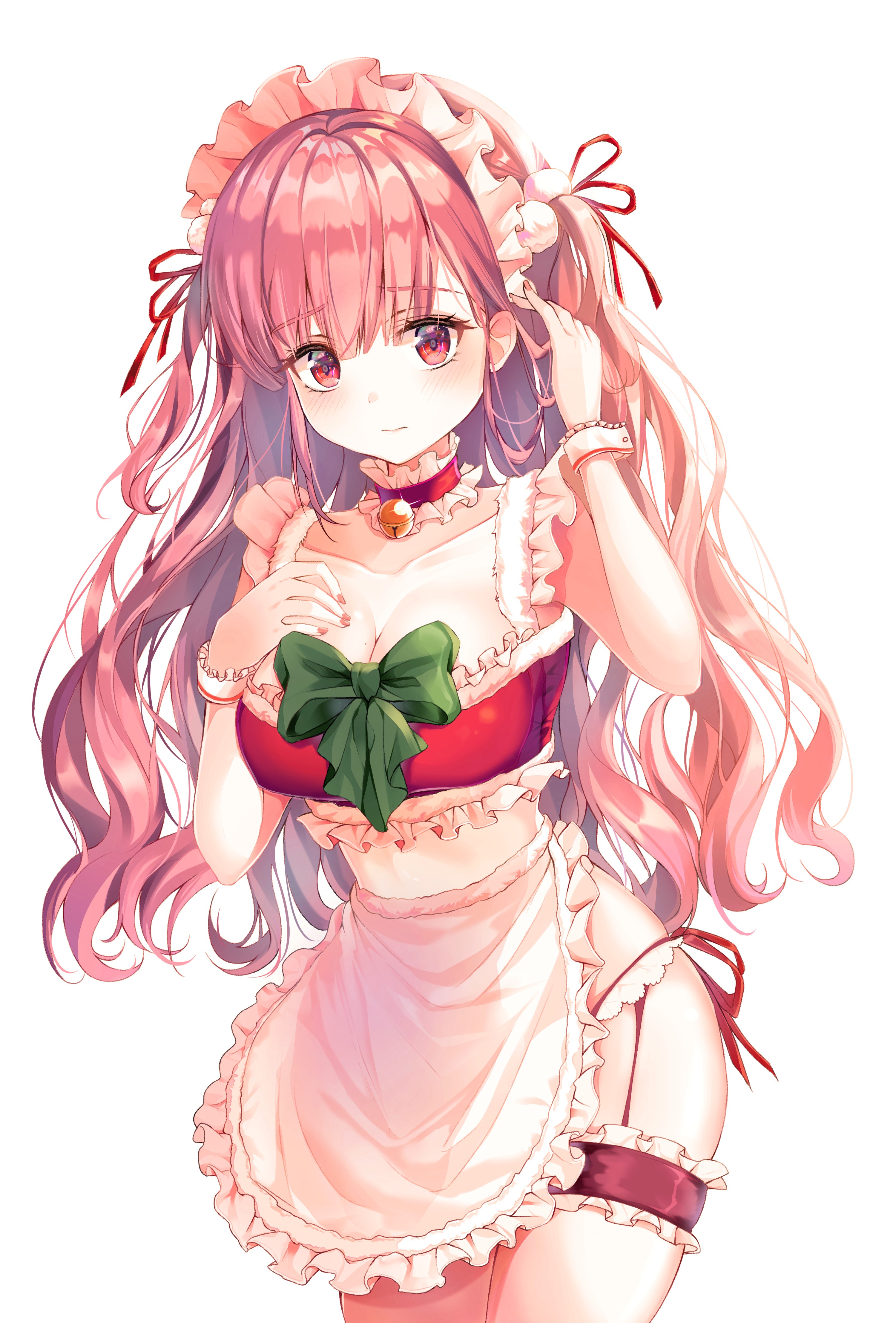 Anime girl with pink hair in Christmas maid outfit HD Phone Wallpaper