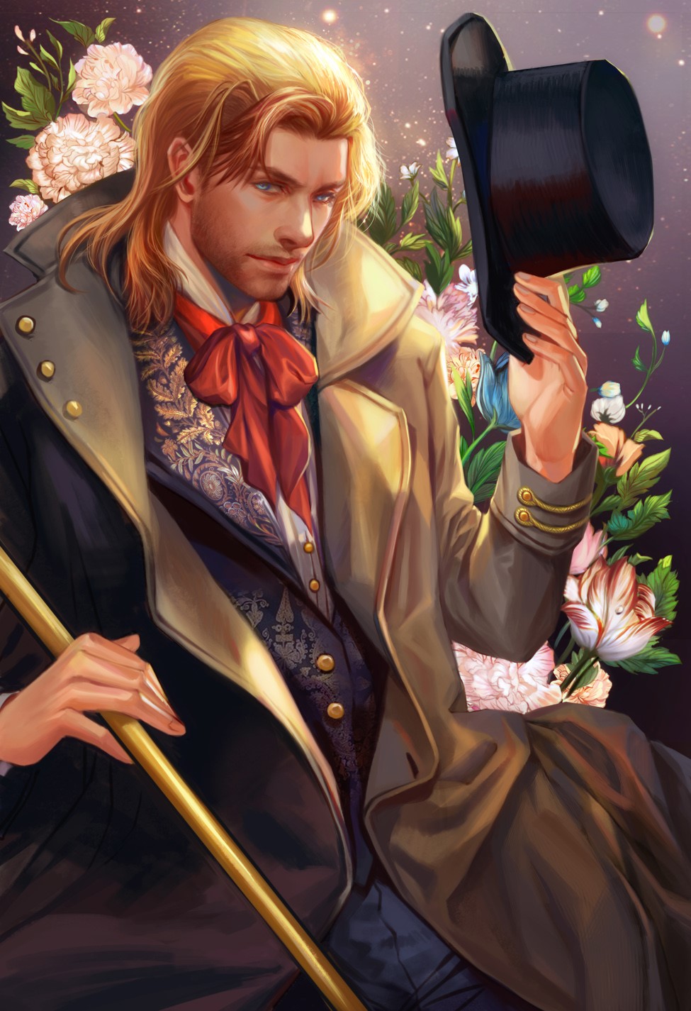 Man in formal attire holding a top hat and cane HD Phone Wallpaper