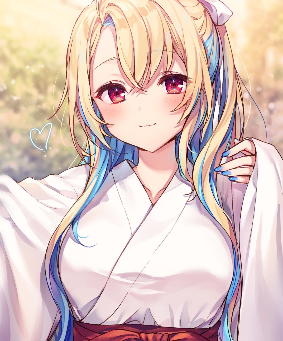 Anime girl in white kimono with blue streaks in hair HD Phone Wallpaper