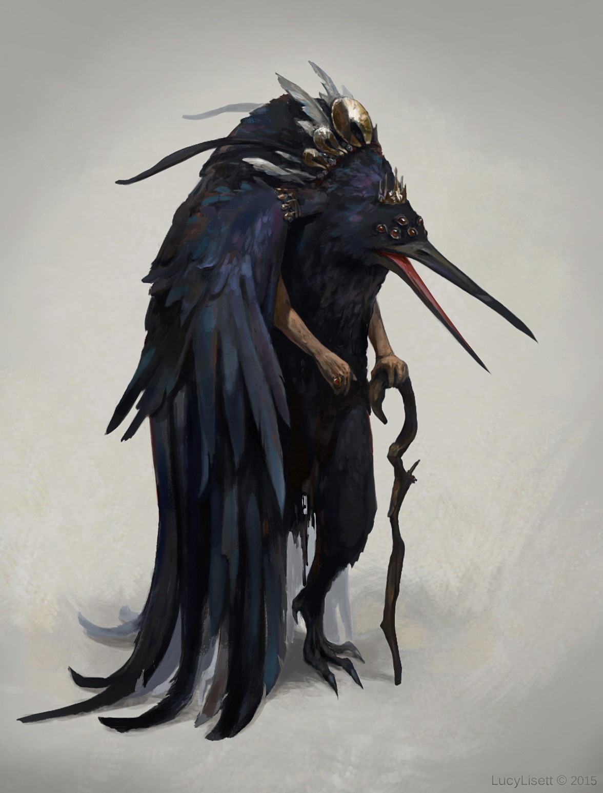 Artwork of a bird-like creature with a staff HD Phone Wallpaper