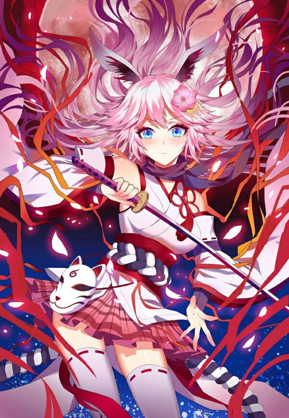 Yae Sakura holding a katana with a fox mask HD Phone Wallpaper