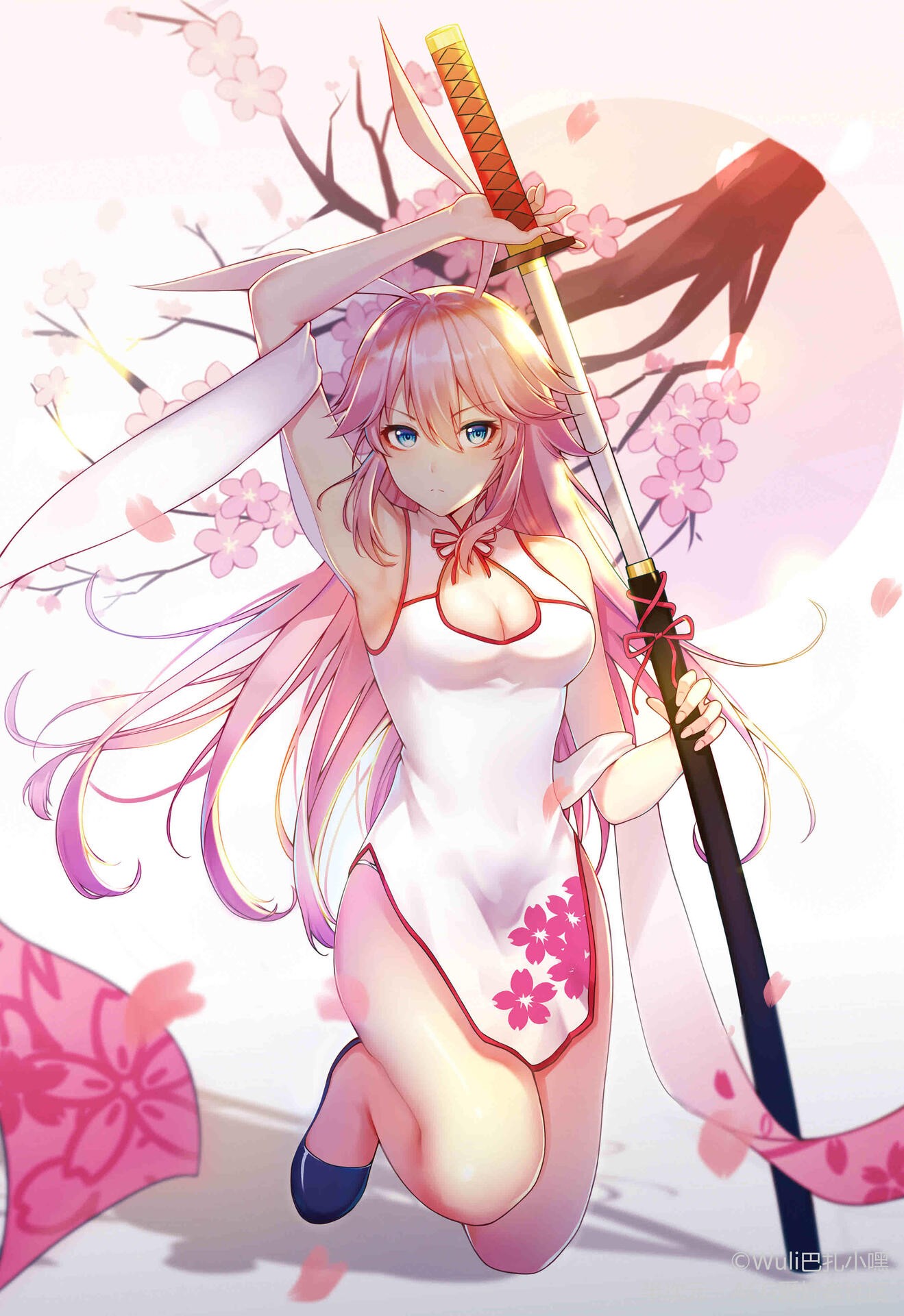 Yae Sakura with a katana and cherry blossoms HD Phone Wallpaper