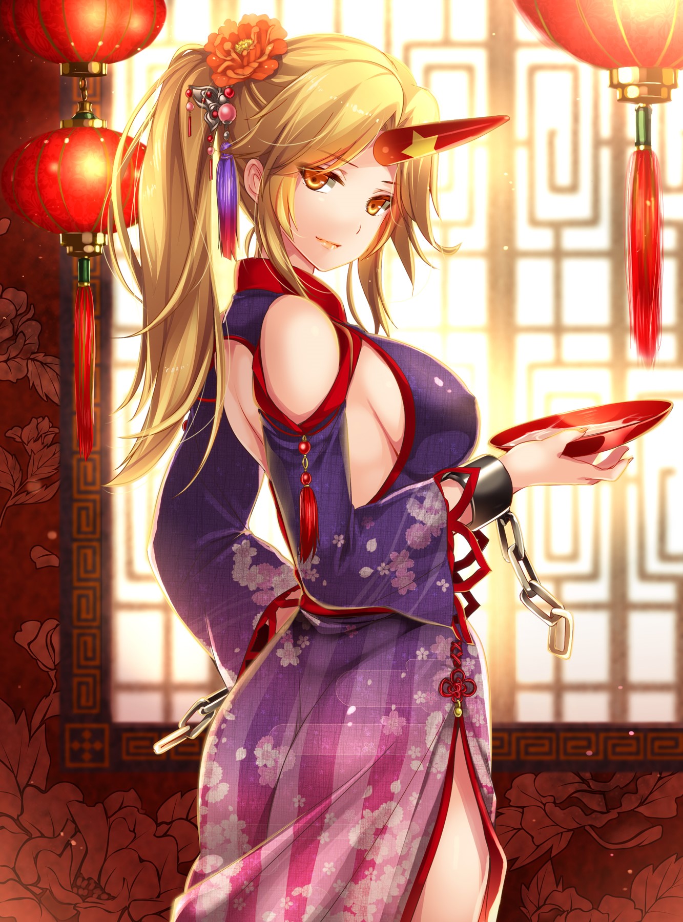 Anime girl with blonde hair and horns in a kimono HD Phone Wallpaper