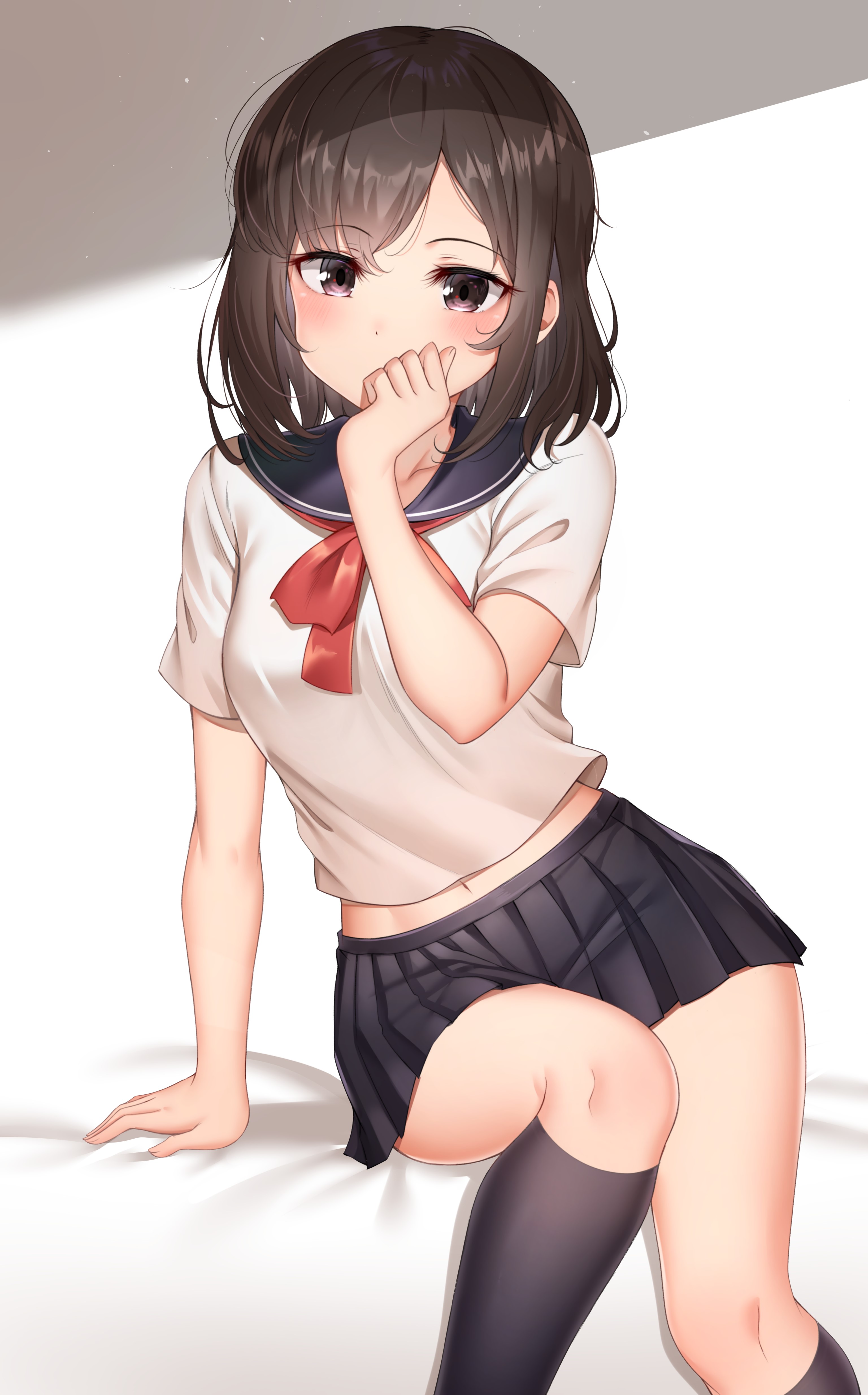 Anime girl in school uniform with red bow HD Phone Wallpaper