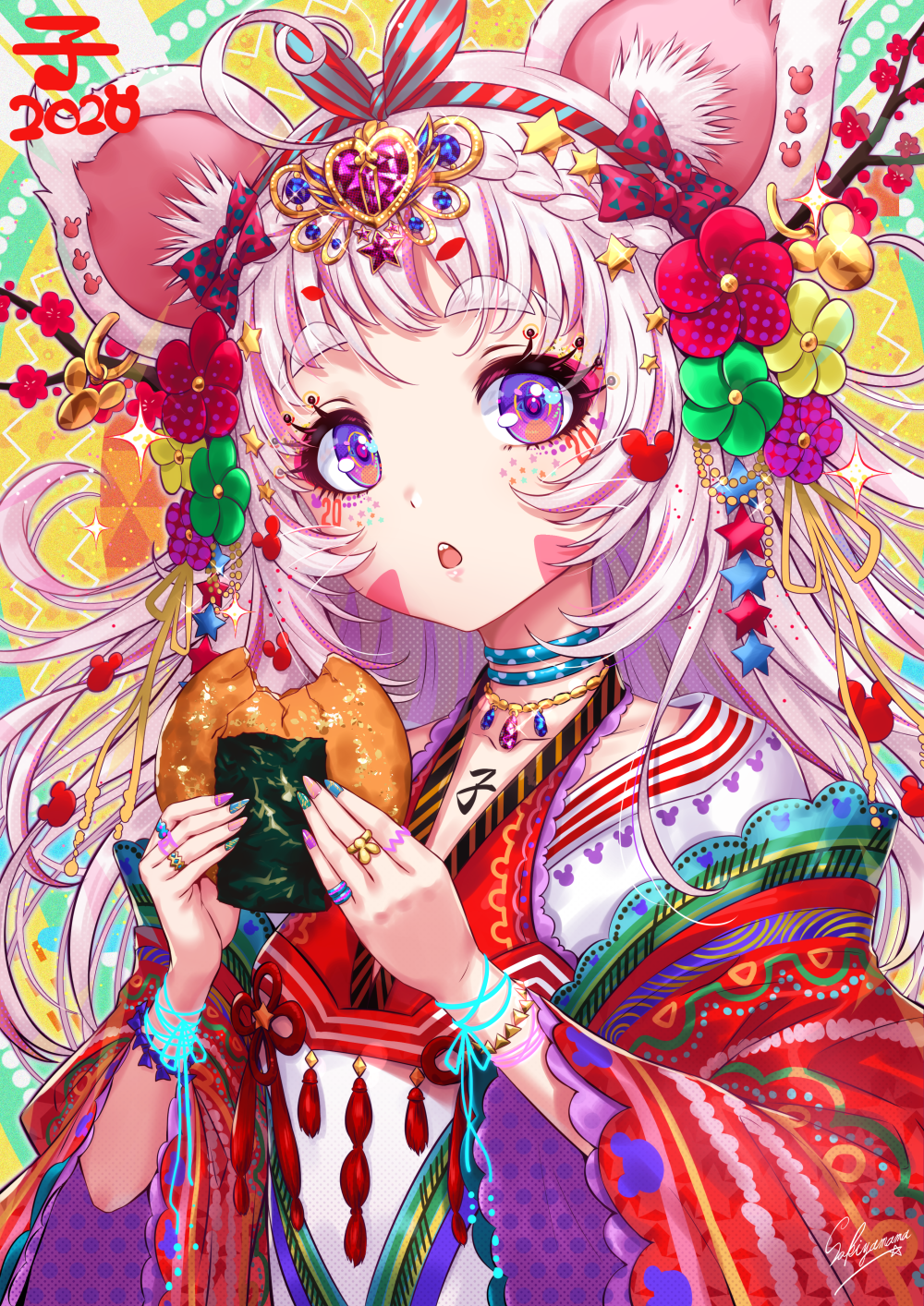 Anime girl with mouse ears eating onigiri HD Phone Wallpaper