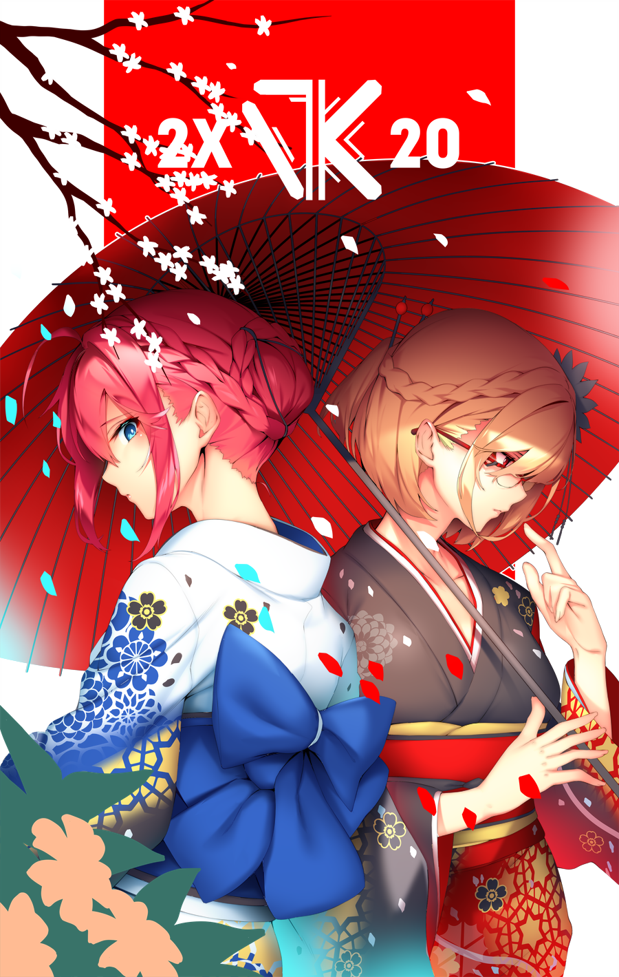 Anime girls in kimonos with umbrellas HD Phone Wallpaper