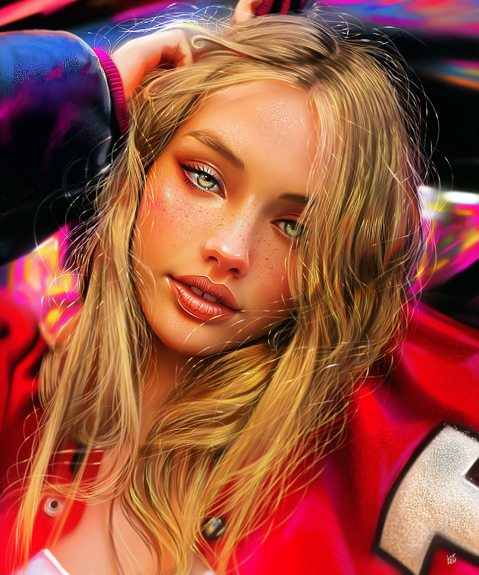 Artwork of a blonde woman looking at the viewer HD Phone Wallpaper