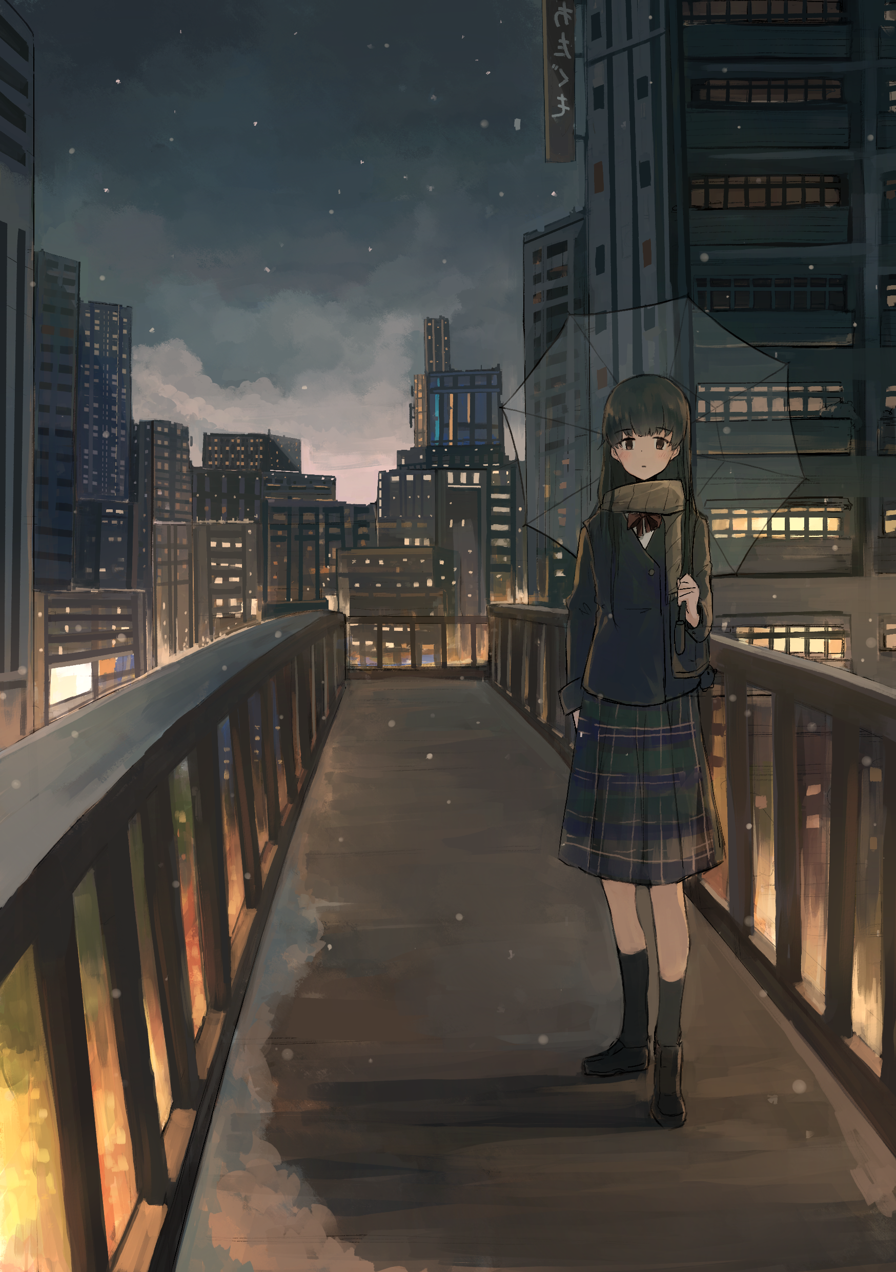 Anime girl with umbrella on a bridge at night HD Phone Wallpaper