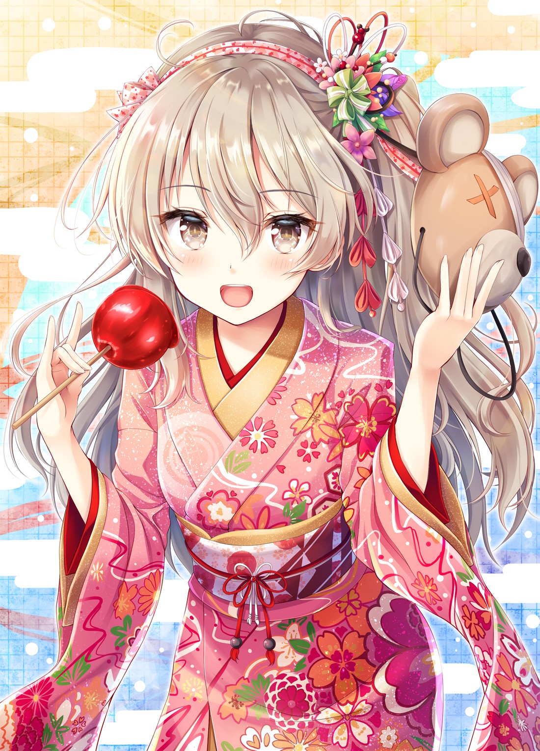 Anime girl in pink kimono holding candy apple and mask HD Phone Wallpaper