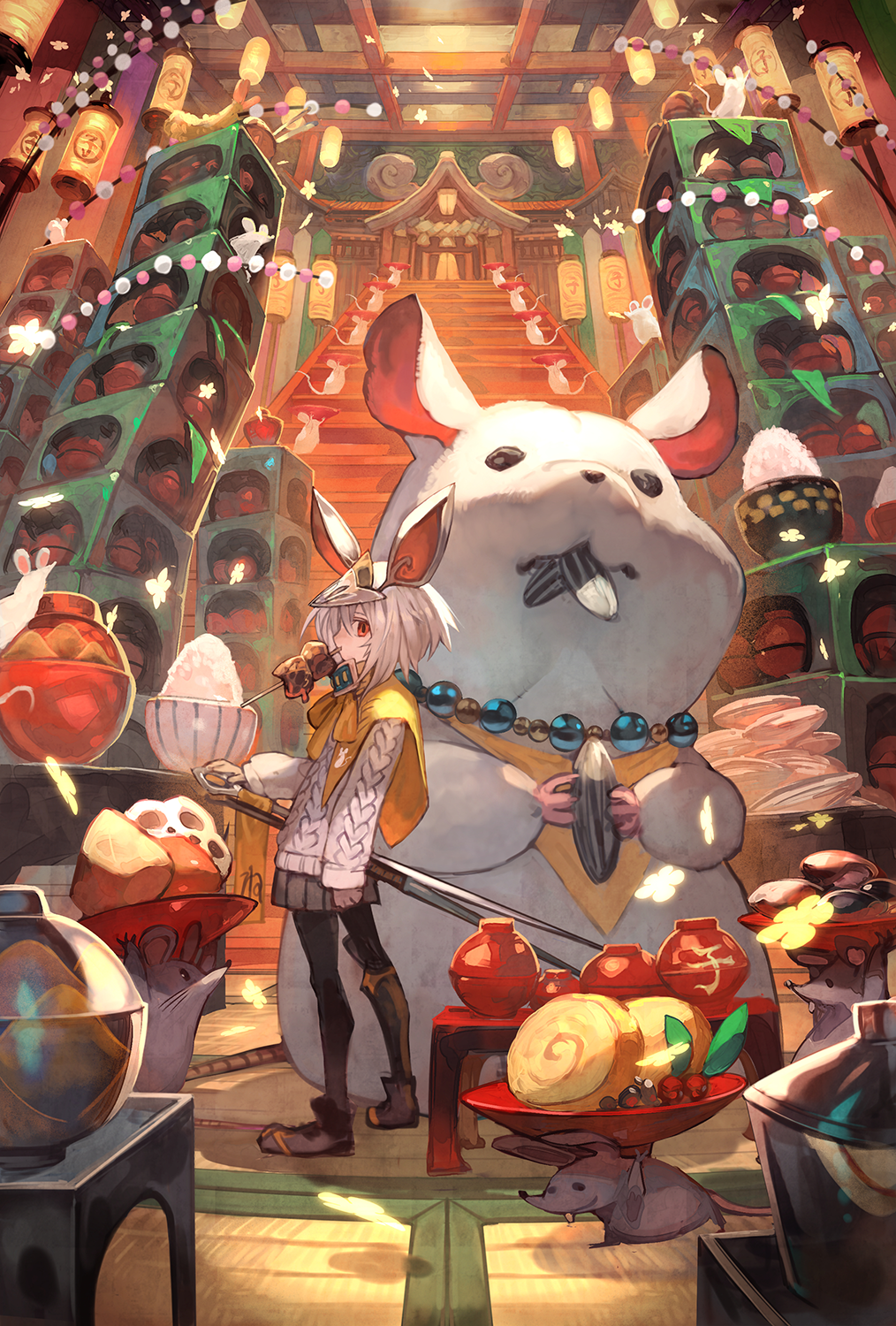 Anime girl and large rat in a shrine with offerings HD Phone Wallpaper