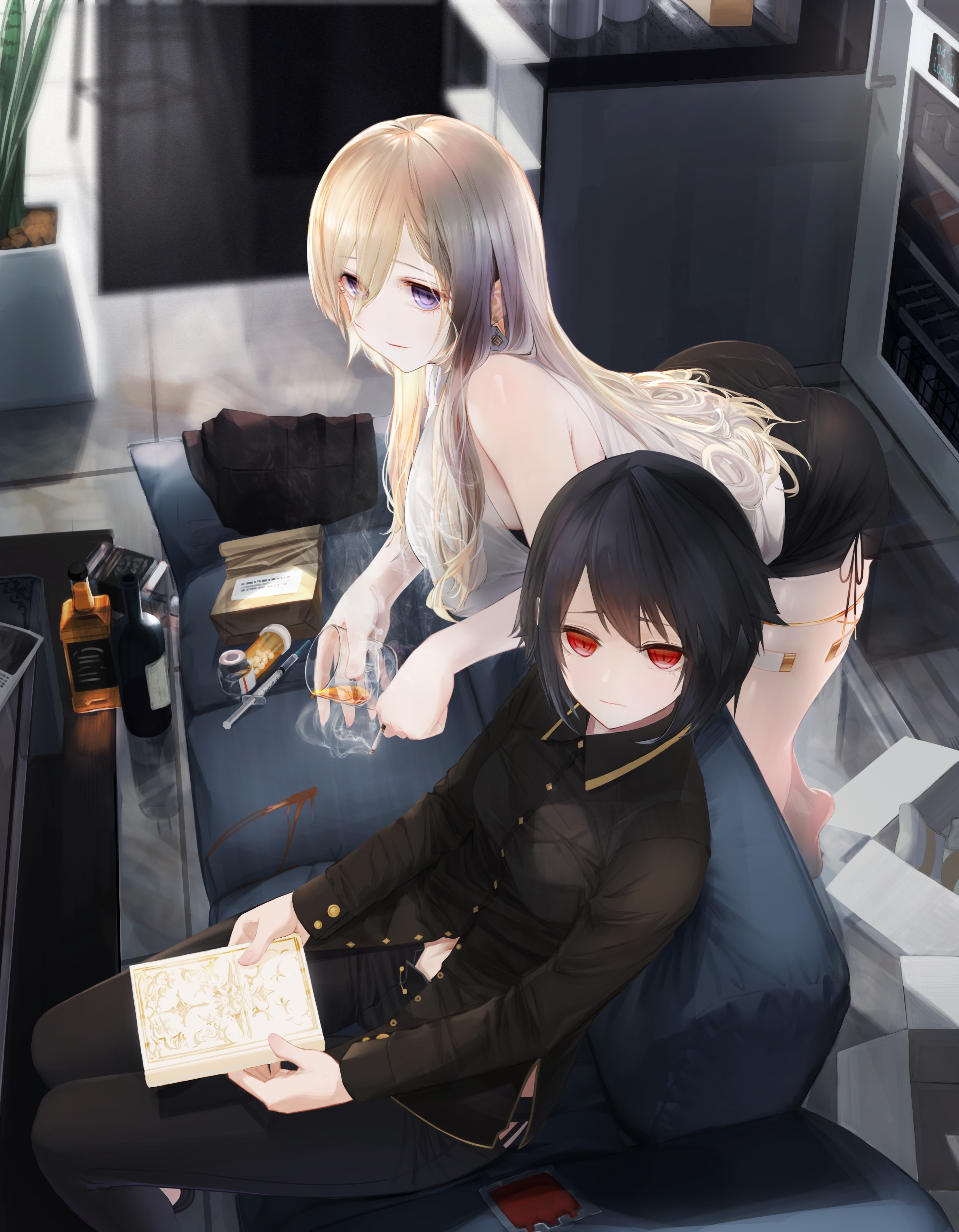 Two anime girls in a room with a couch HD Phone Wallpaper