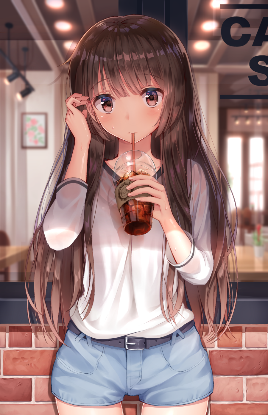 Girl drinking iced coffee at a cafe HD Phone Wallpaper
