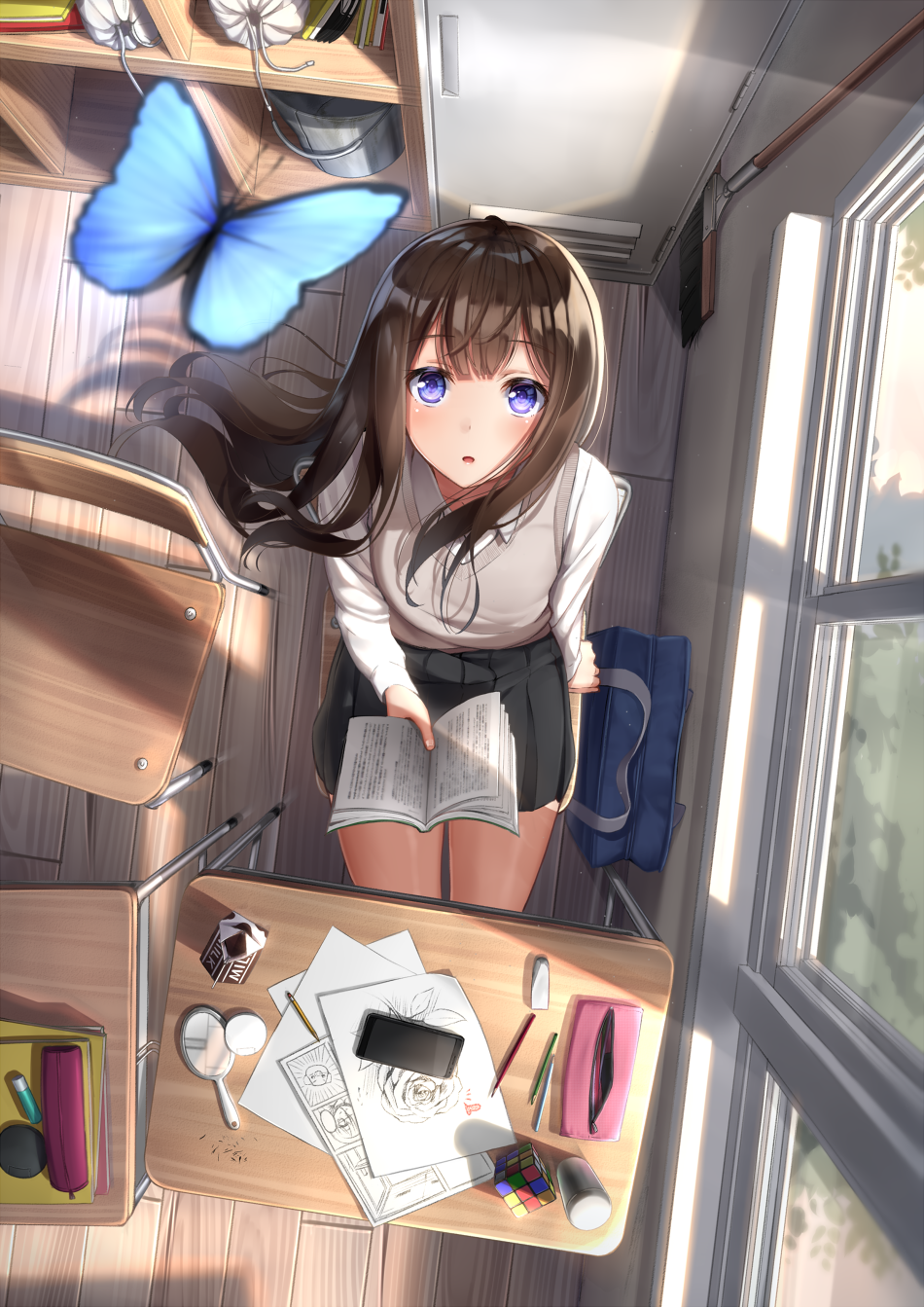 Girl with purple eyes and butterfly in classroom HD Phone Wallpaper