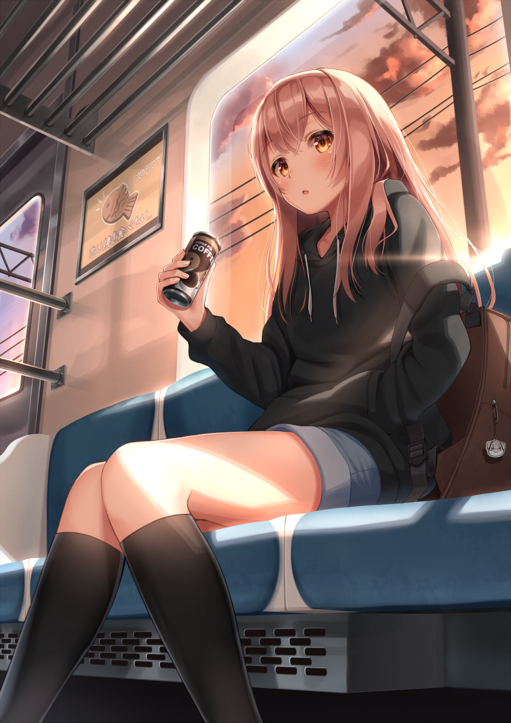 Girl in hoodie and shorts on a train HD Phone Wallpaper