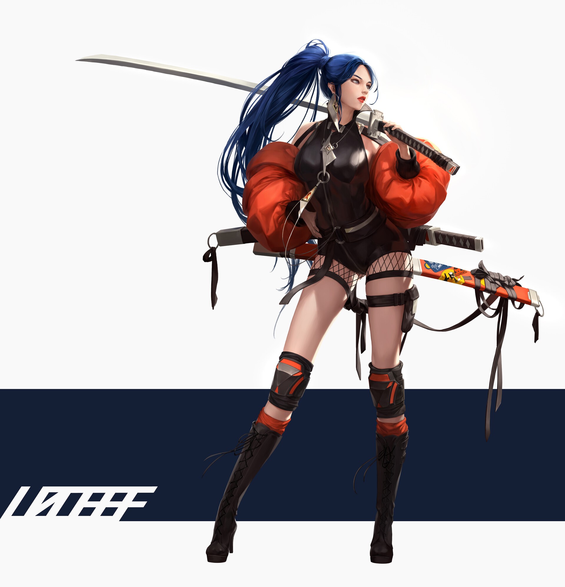 Warrior woman with blue hair and katana HD Phone Wallpaper