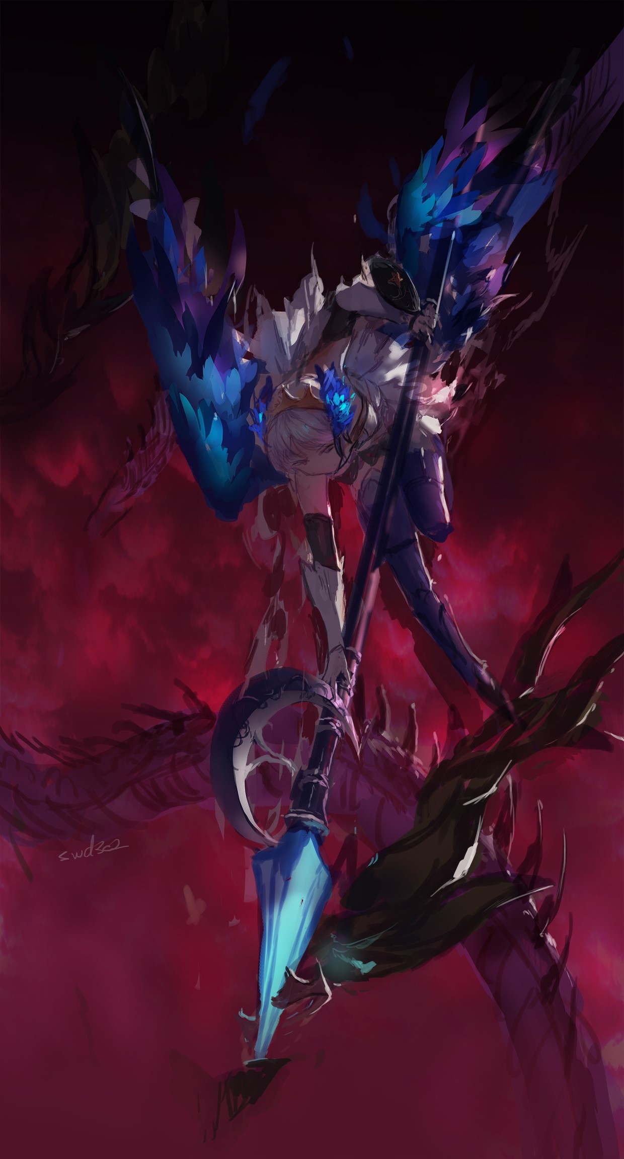 Anime girl with blue wings and a scythe HD Phone Wallpaper