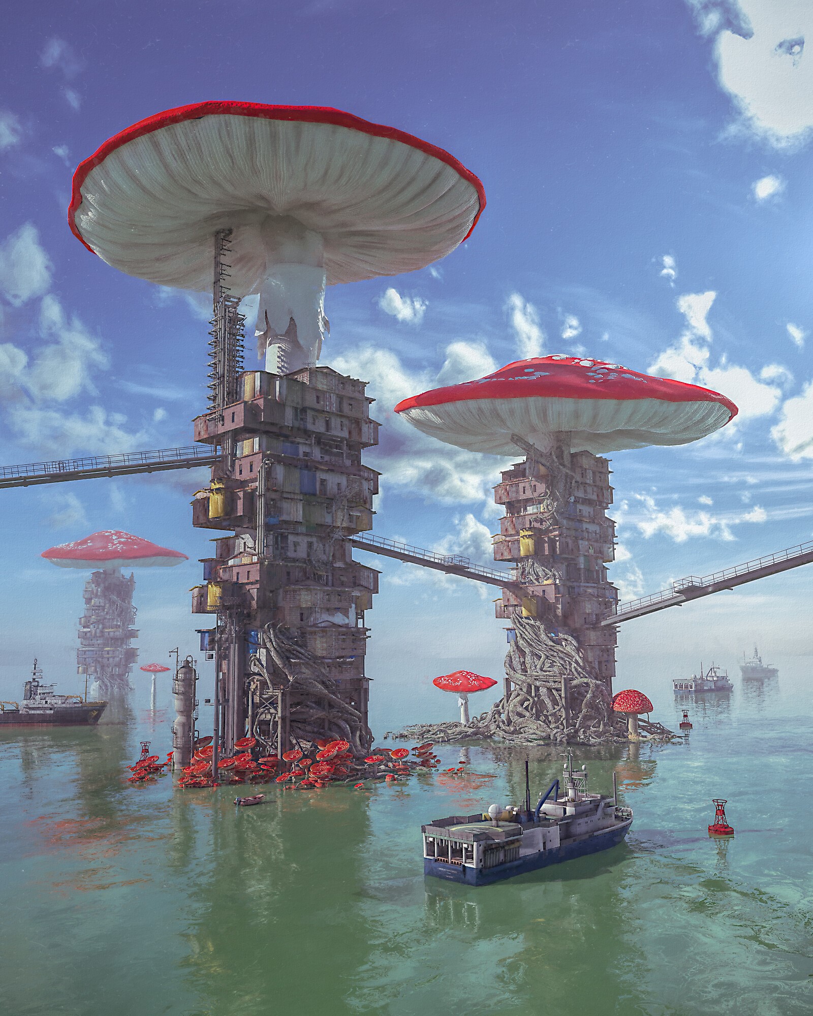 Futuristic mushroom city with boats on water HD Phone Wallpaper