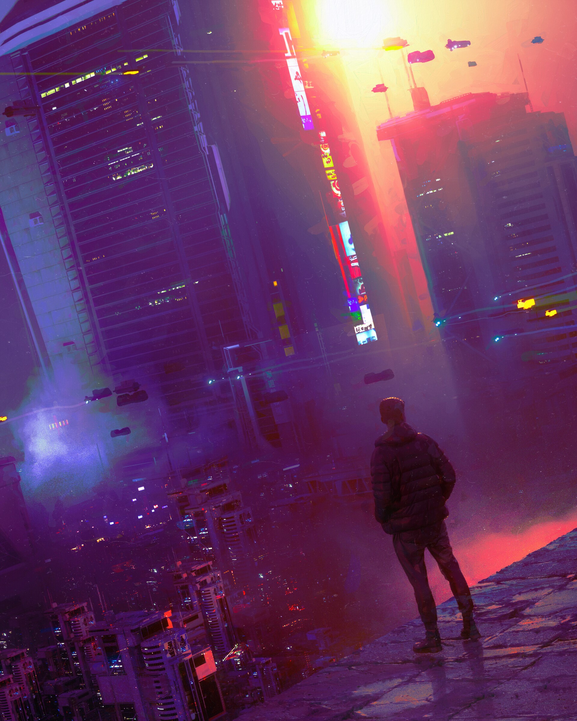 Cyberpunk city with a person overlooking HD Phone Wallpaper
