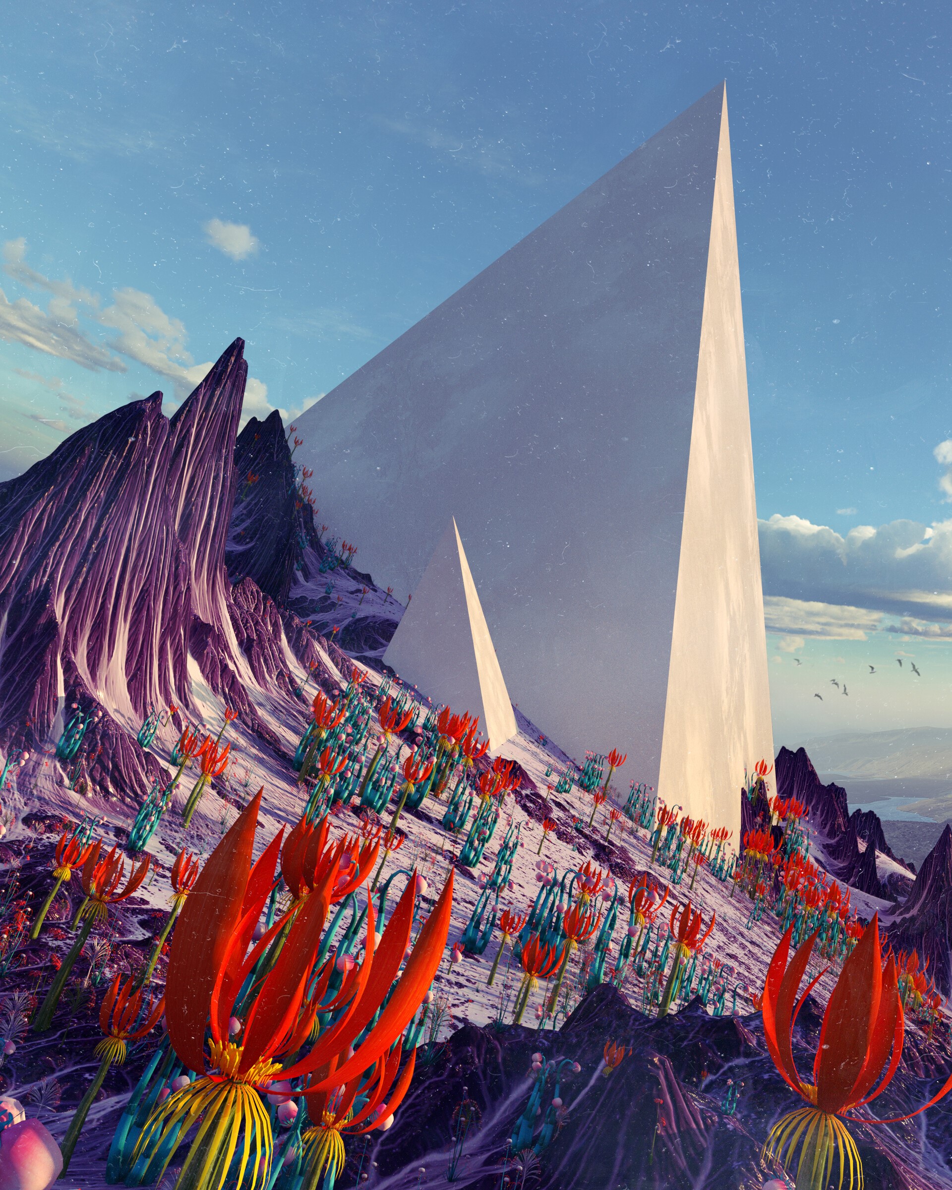 Alien landscape with geometric structures and alien plants HD Phone Wallpaper