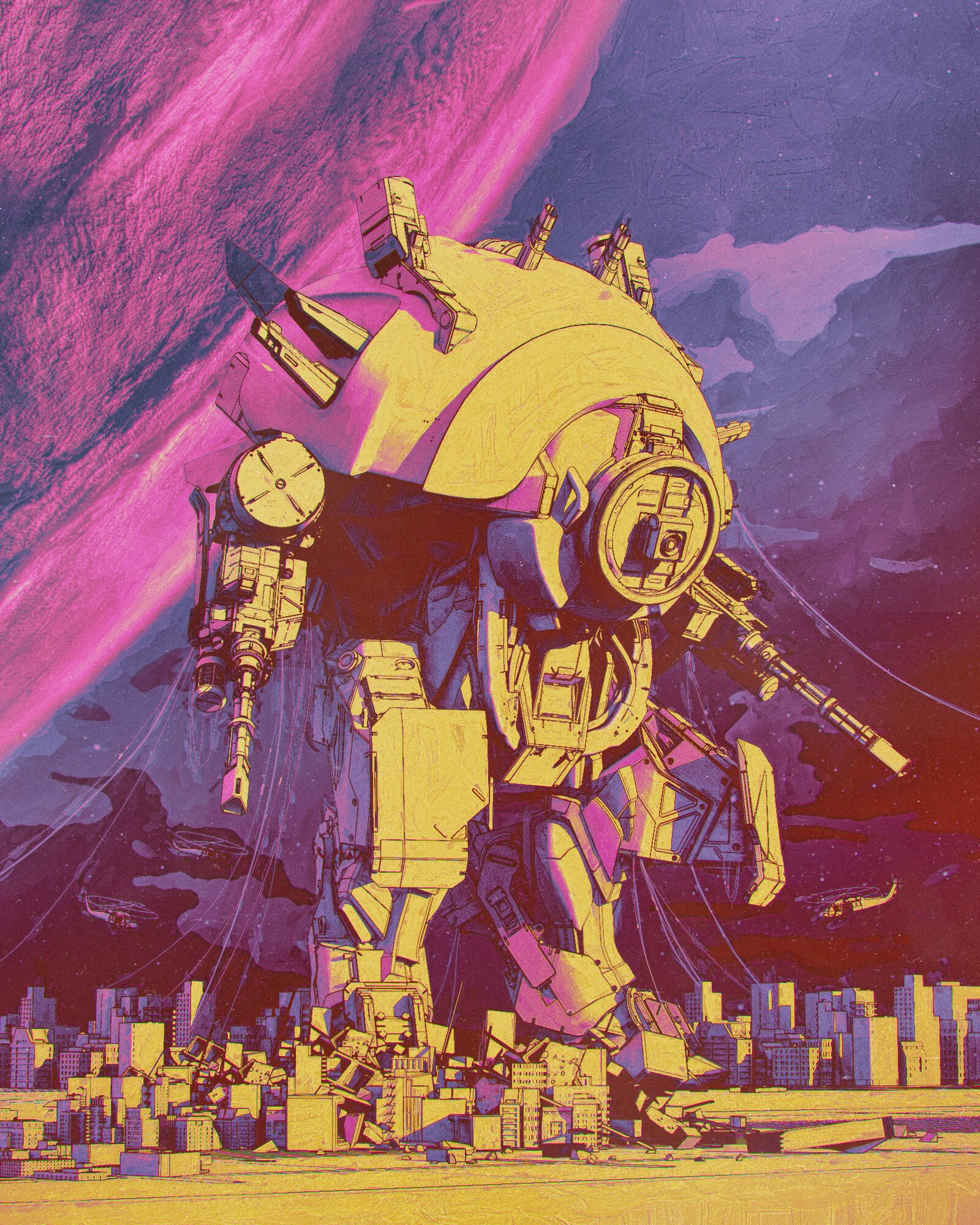 Giant robot standing over destroyed city with pink sky HD Phone Wallpaper