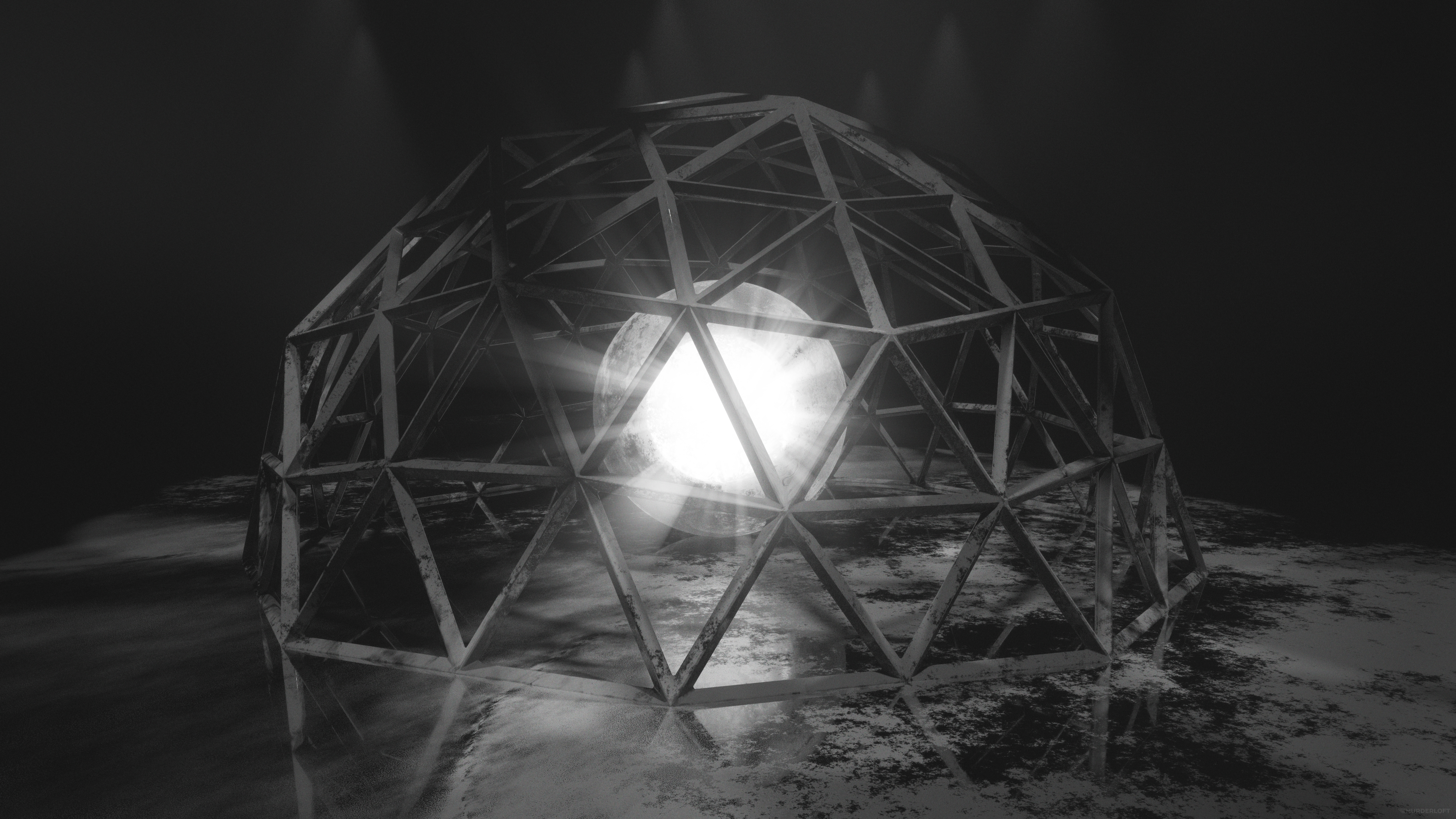 Monochrome geodesic dome with glowing sphere HD Wallpaper