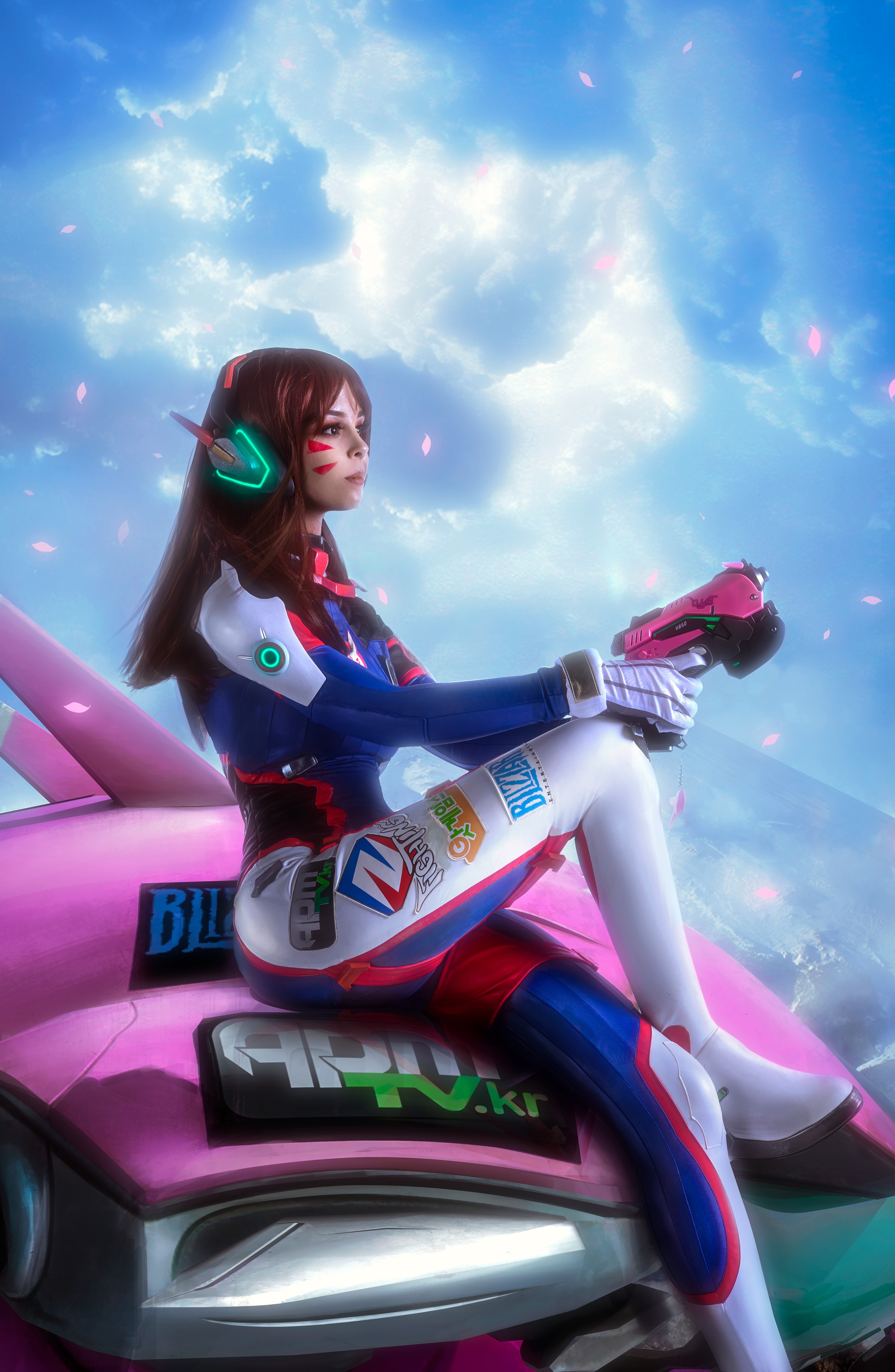 D.Va from Overwatch cosplay with pink mech HD Phone Wallpaper