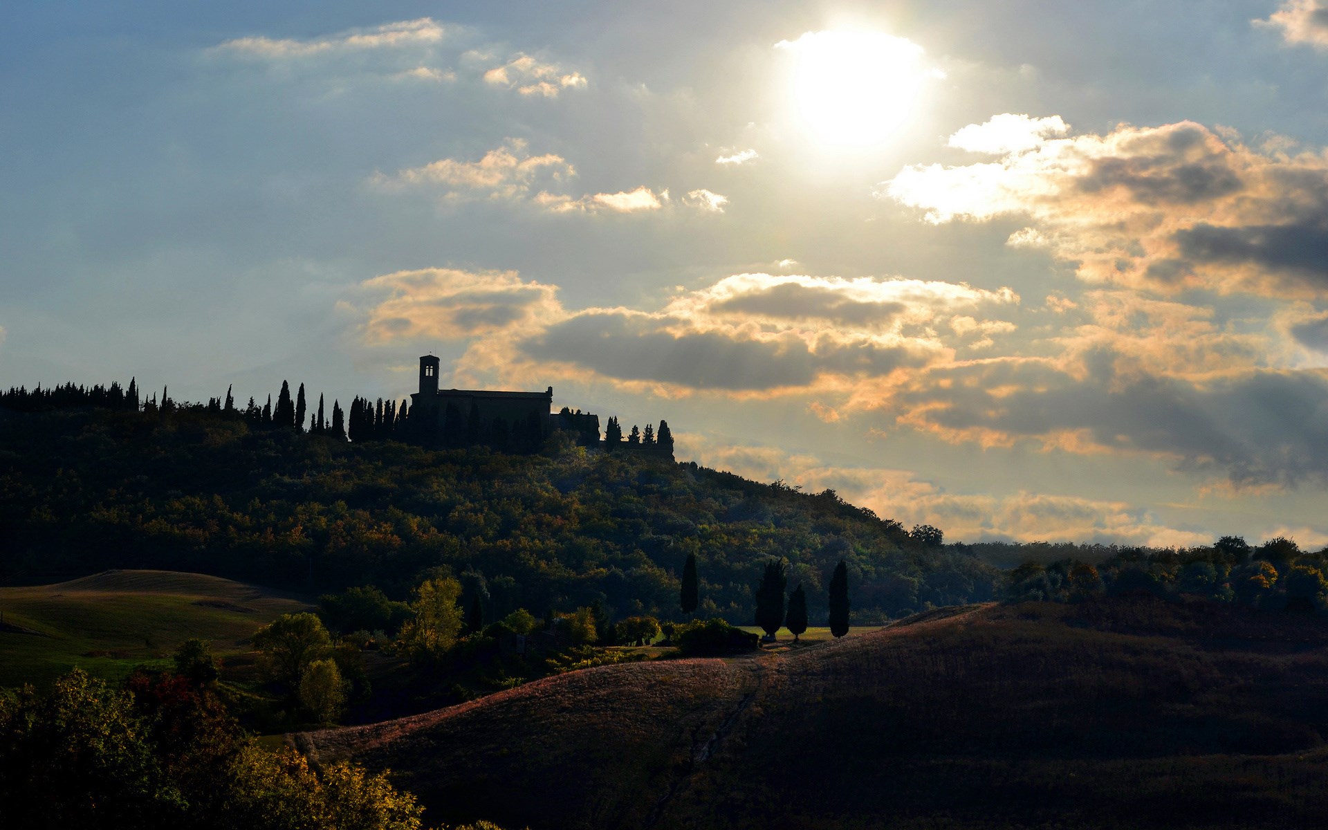 Tuscan Landscape with Building and Cypress Trees HD Wallpaper