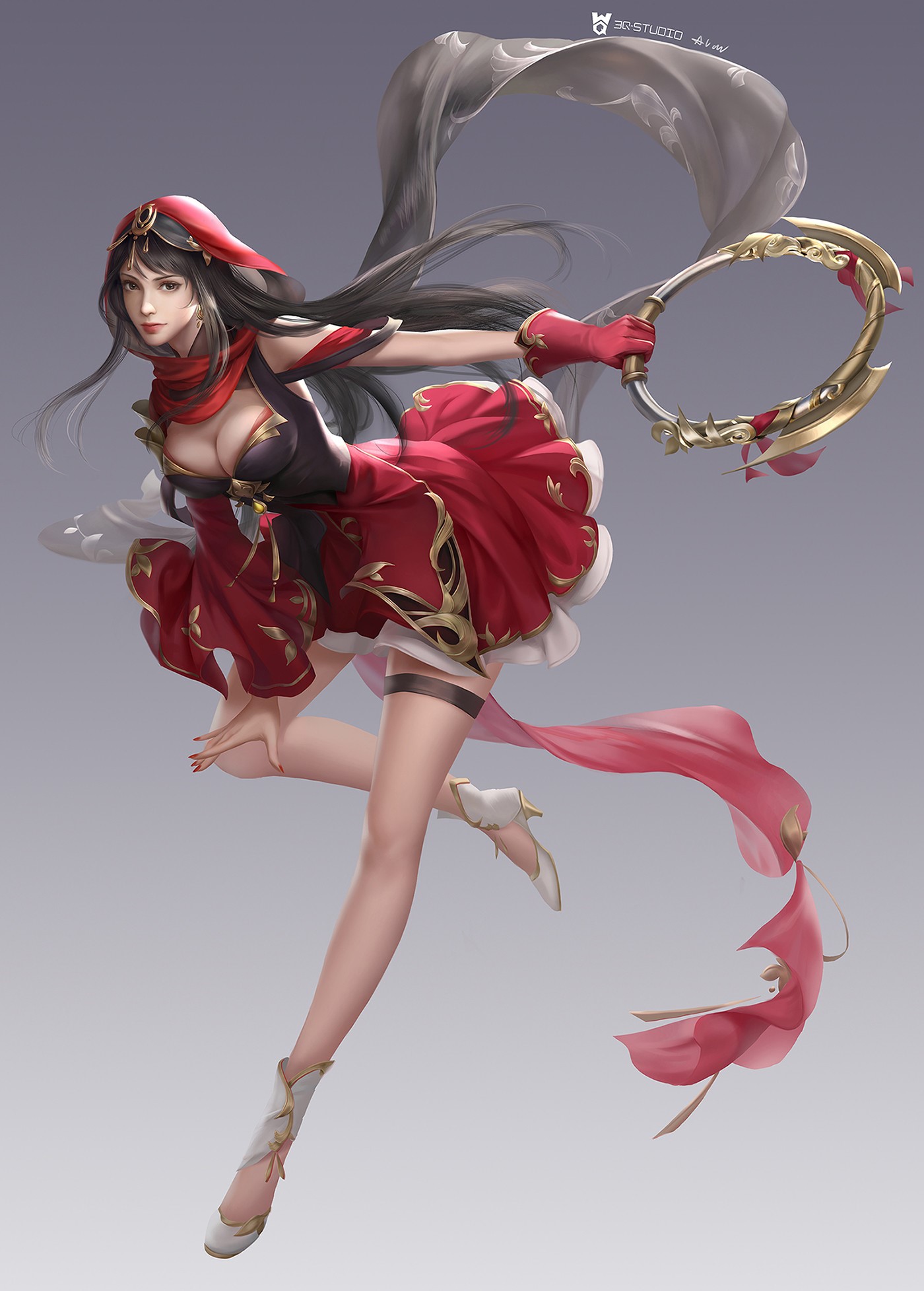 Fantasy girl in red dress holding a weapon HD Phone Wallpaper