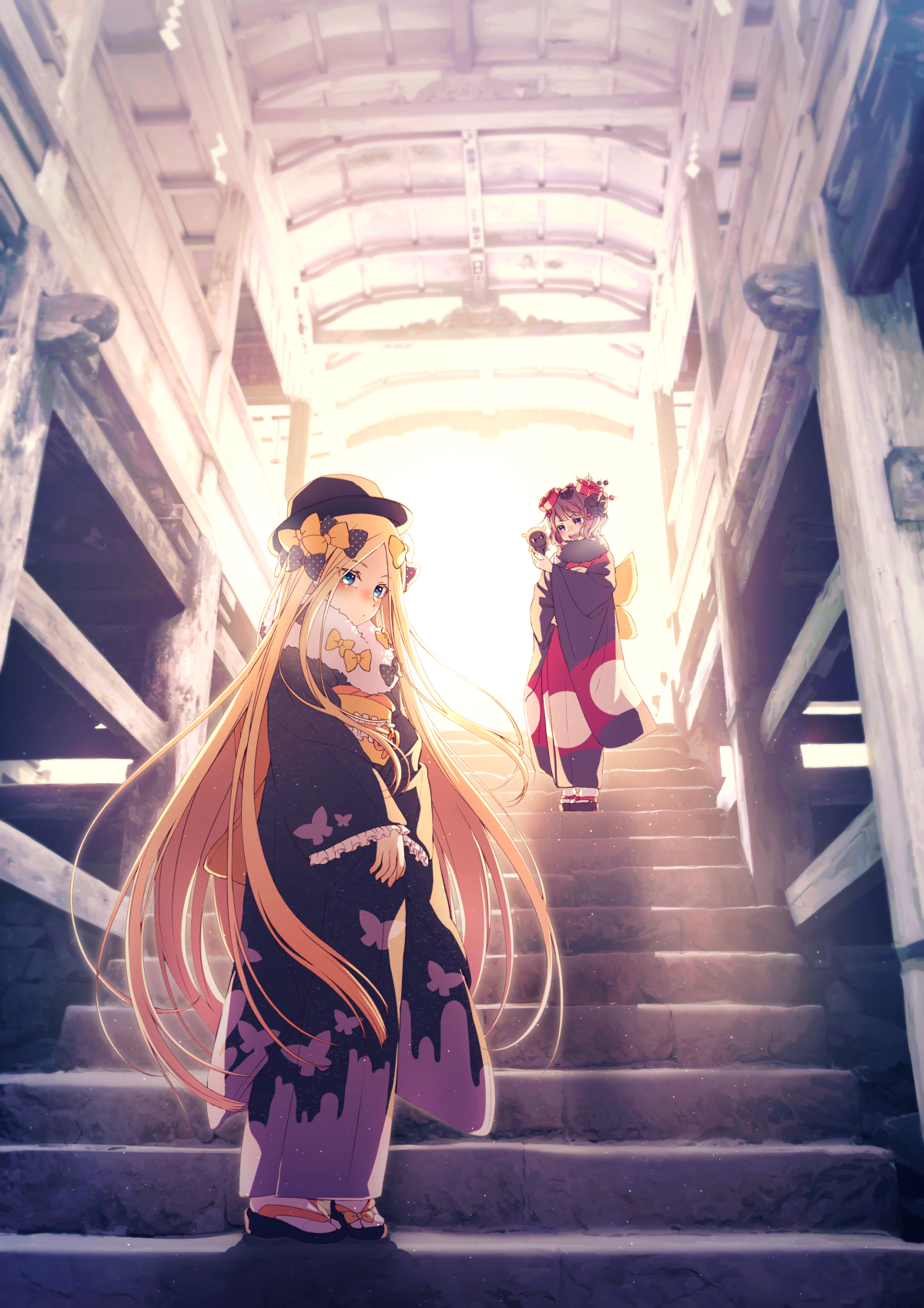Two anime girls in kimonos on a wooden bridge HD Phone Wallpaper