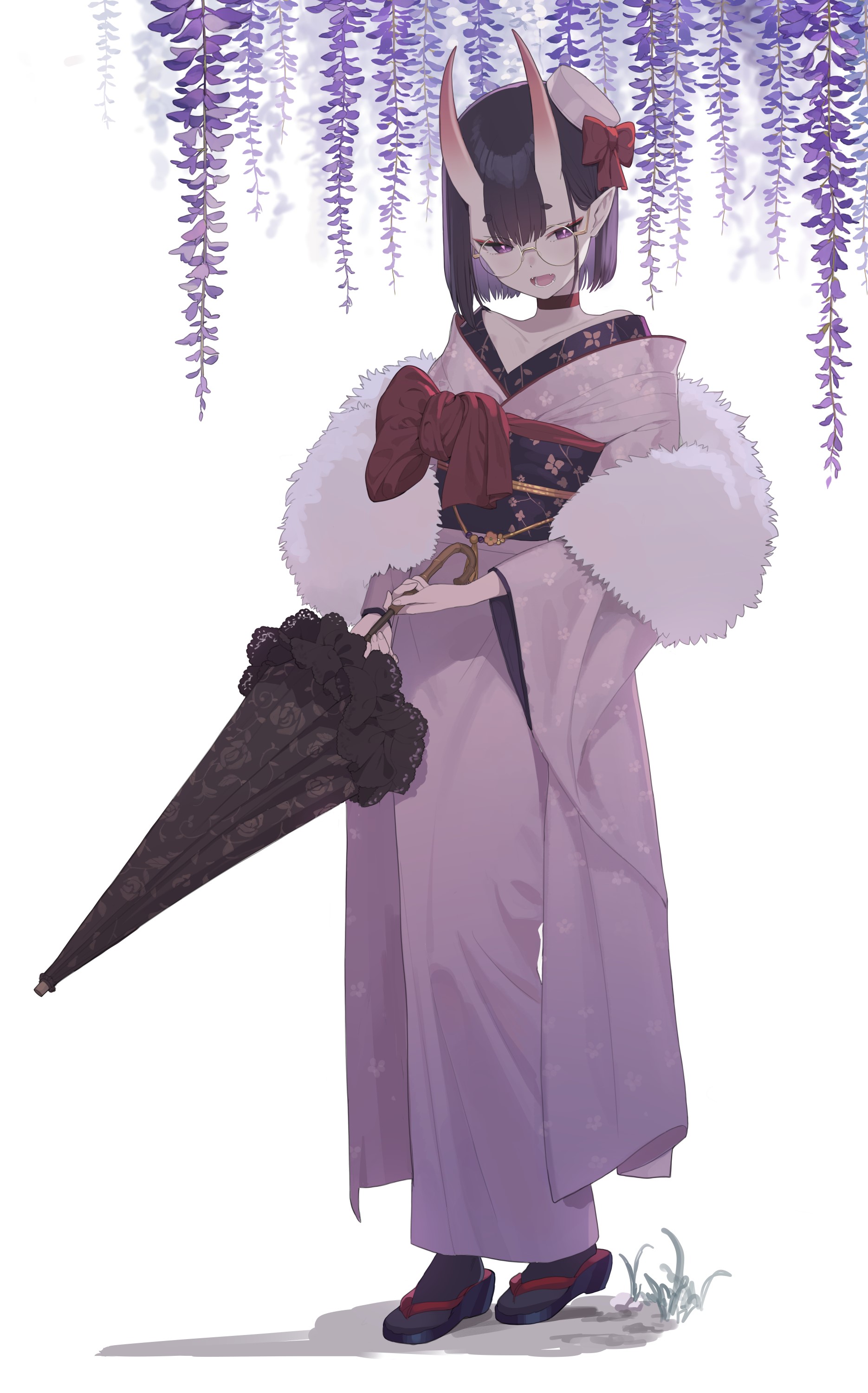 Anime girl with horns in a kimono holding an umbrella HD Phone Wallpaper
