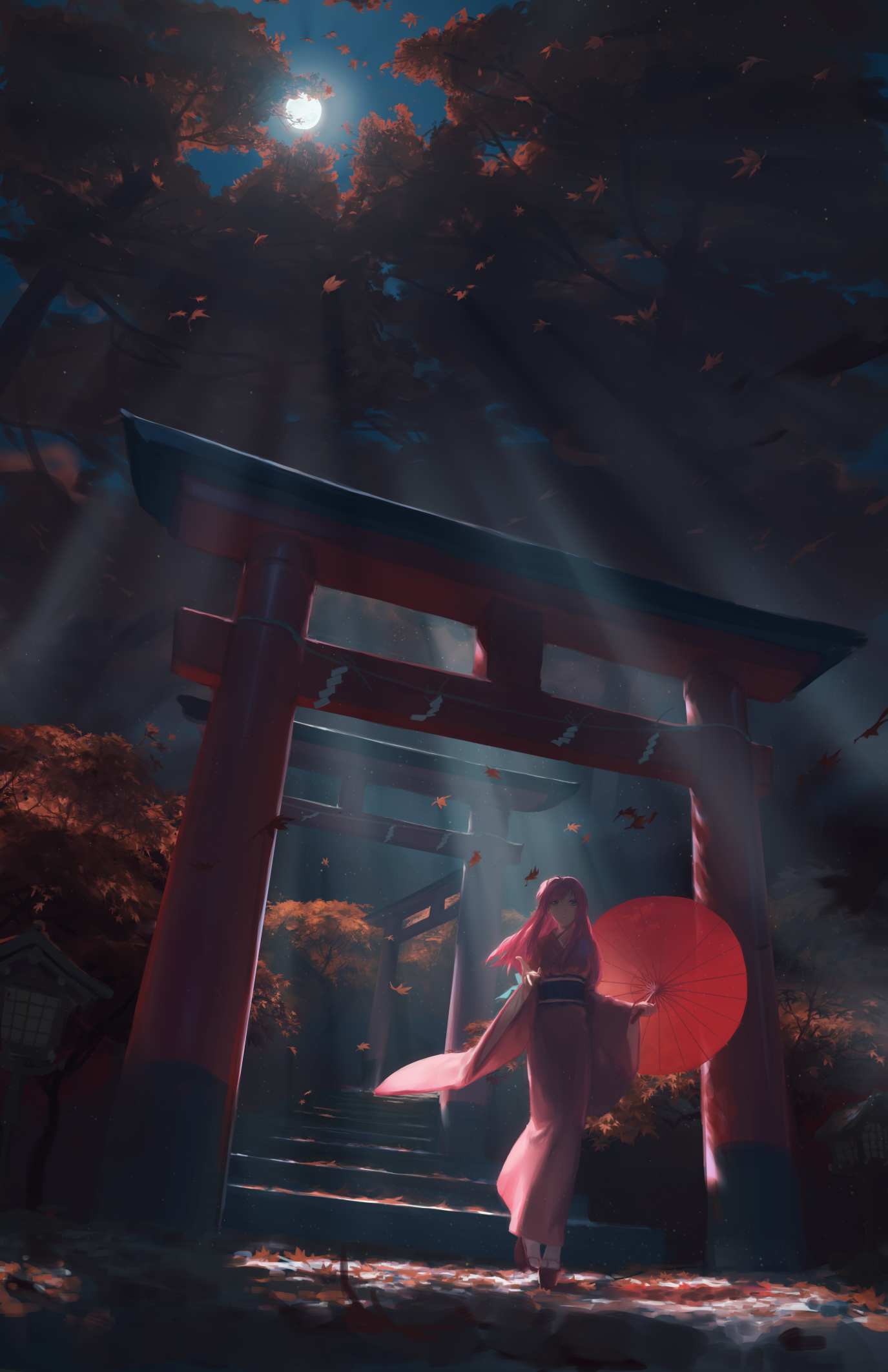 Anime girl with umbrella under torii gate at night HD Phone Wallpaper