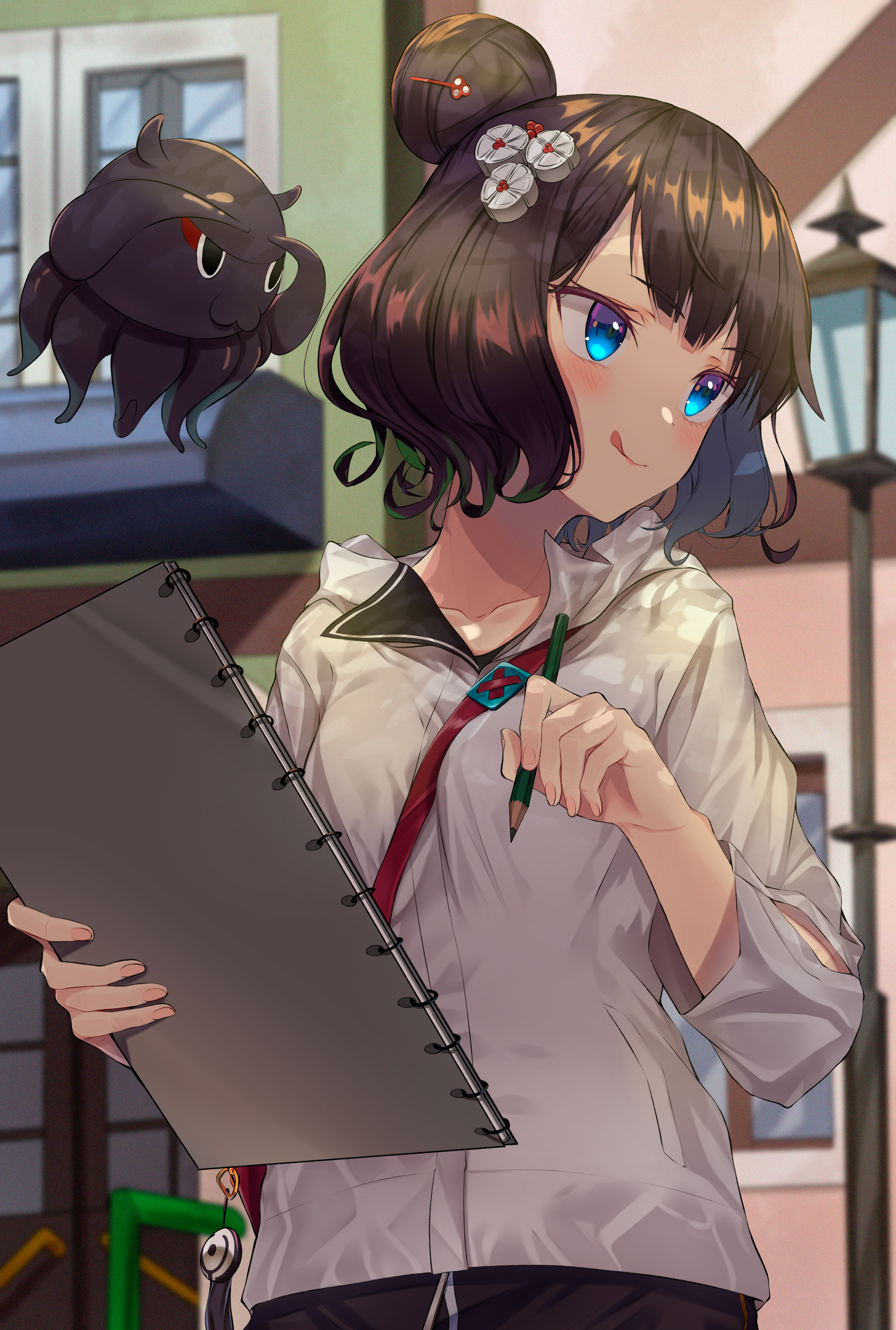 Anime girl with a sketchbook and a creature HD Phone Wallpaper