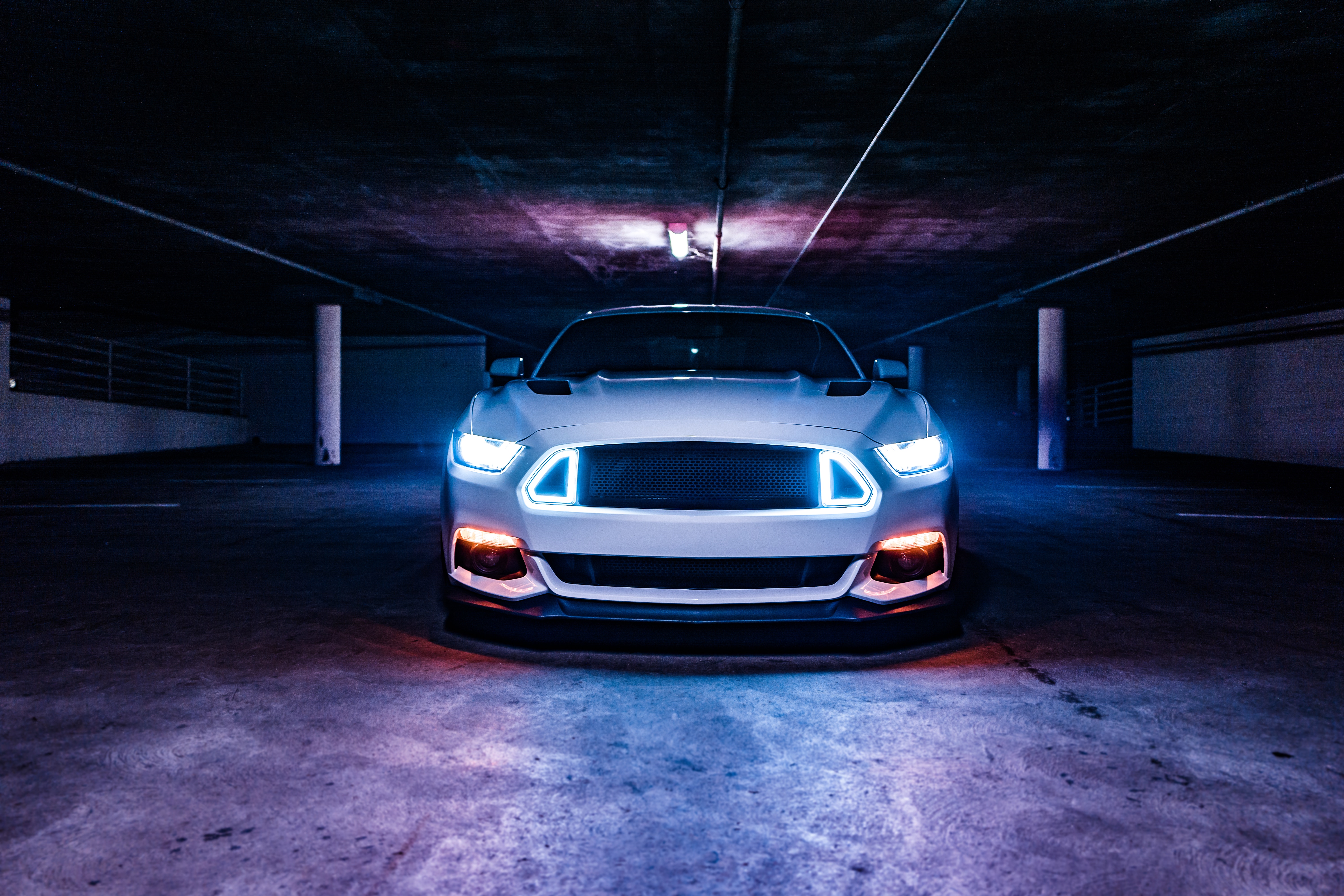 White Ford Mustang with Neon Lights HD Wallpaper