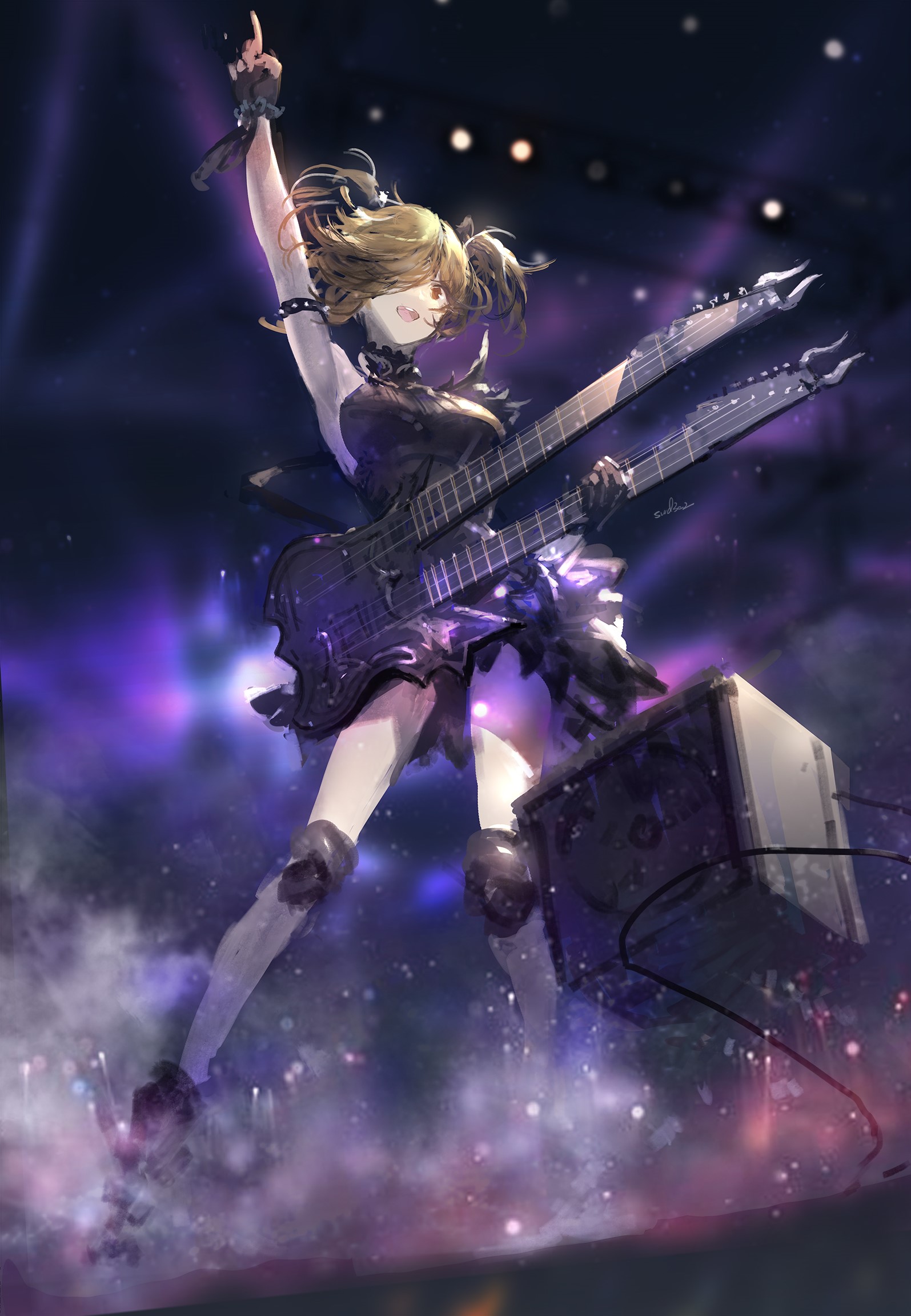 Anime girl playing a double-neck guitar on stage HD Phone Wallpaper