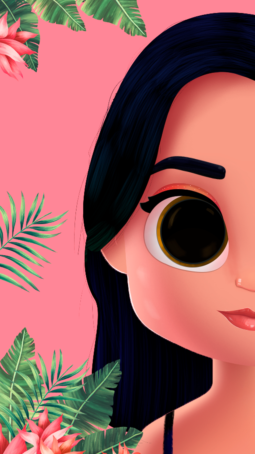 Illustration of a woman's face with tropical leaves HD Phone Wallpaper