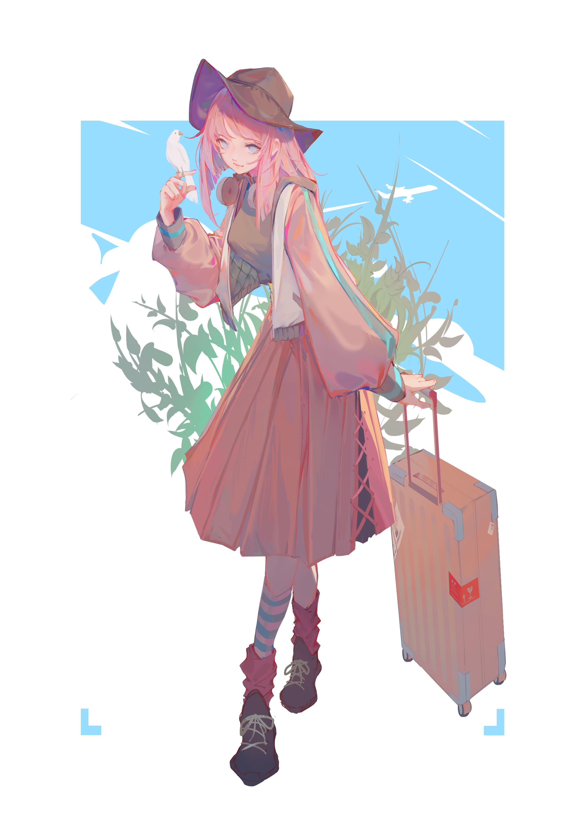 Anime girl with pink hair and suitcase HD Phone Wallpaper