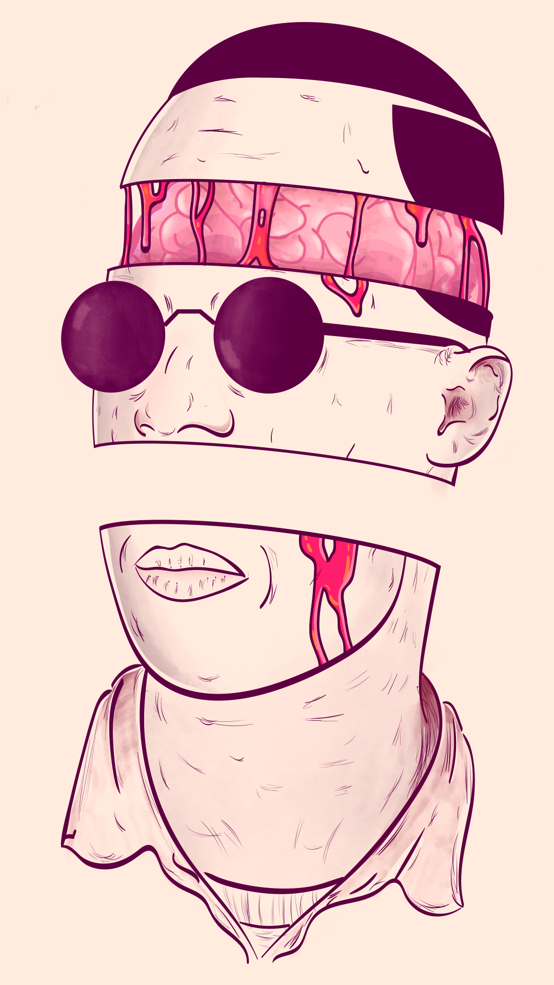 Illustration of a dissected head with exposed brain and blood HD Phone Wallpaper