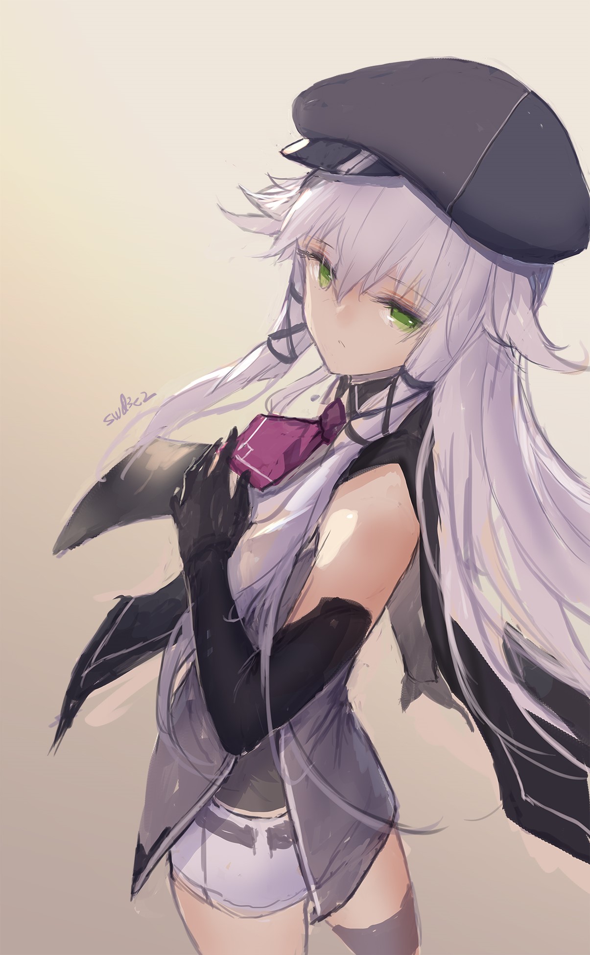 Anime girl with silver hair and green eyes wearing a hat HD Phone Wallpaper