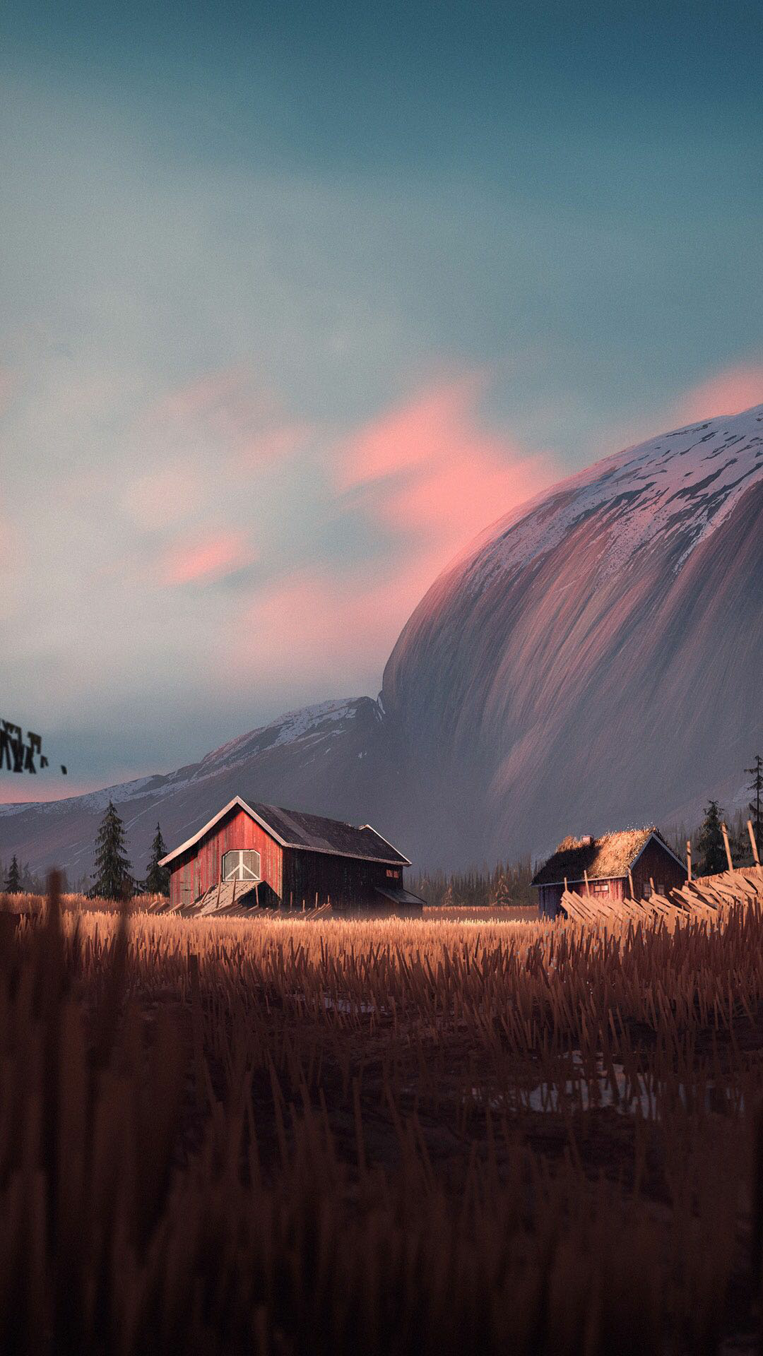 Rural landscape with red barns and a mountain HD Phone Wallpaper