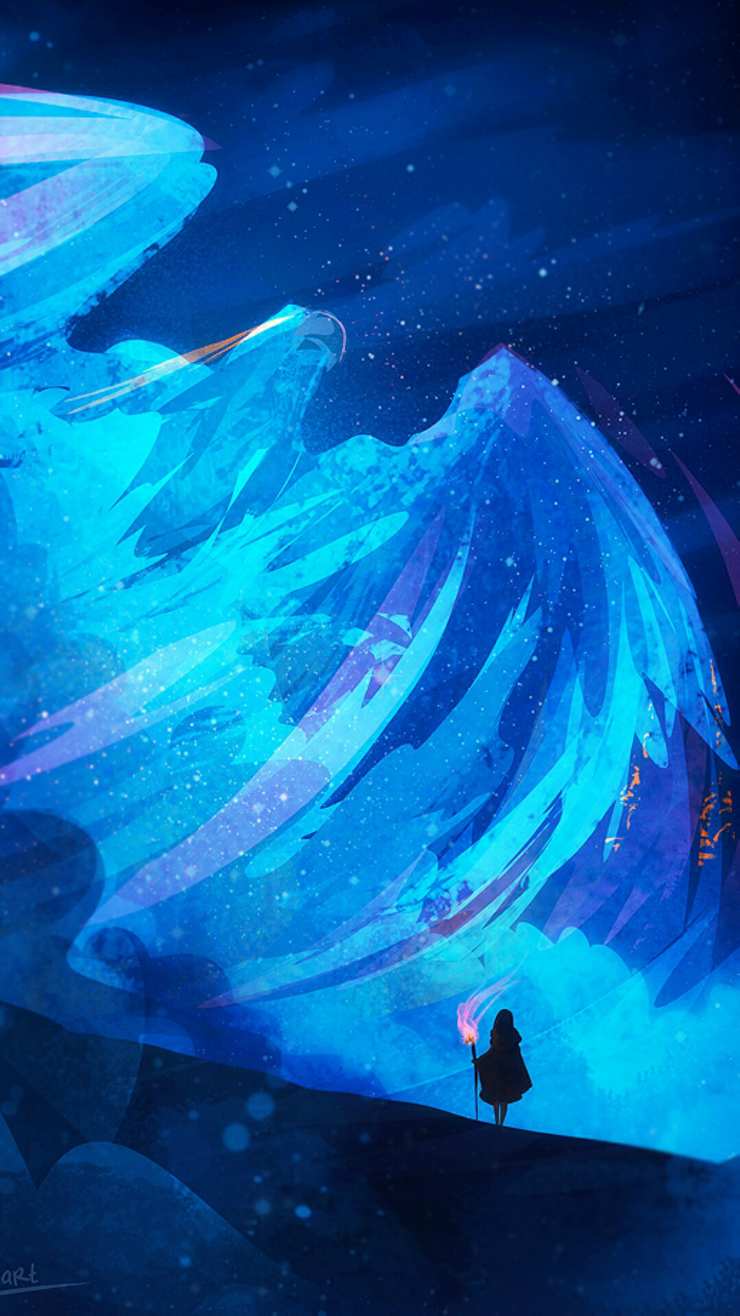 Artwork of a person with a torch in a blue landscape HD Phone Wallpaper