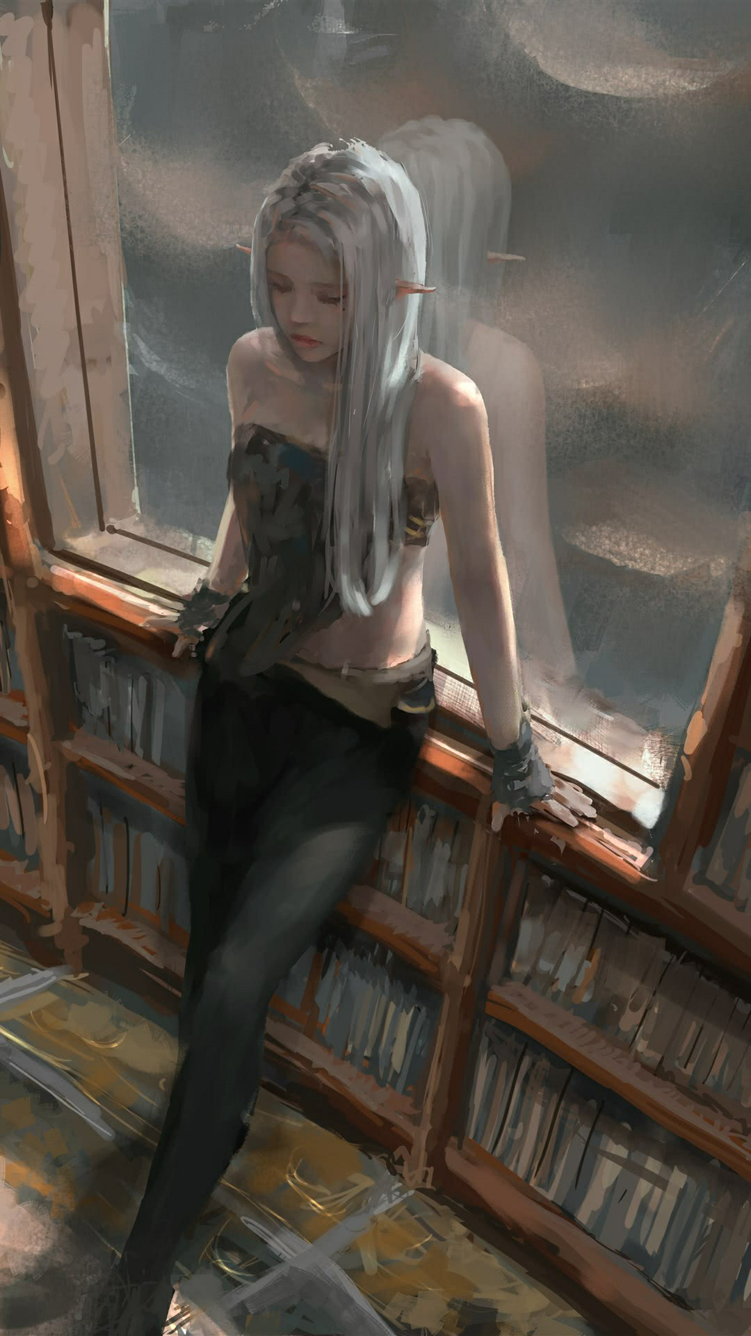 Woman with white hair by a bookshelf HD Phone Wallpaper