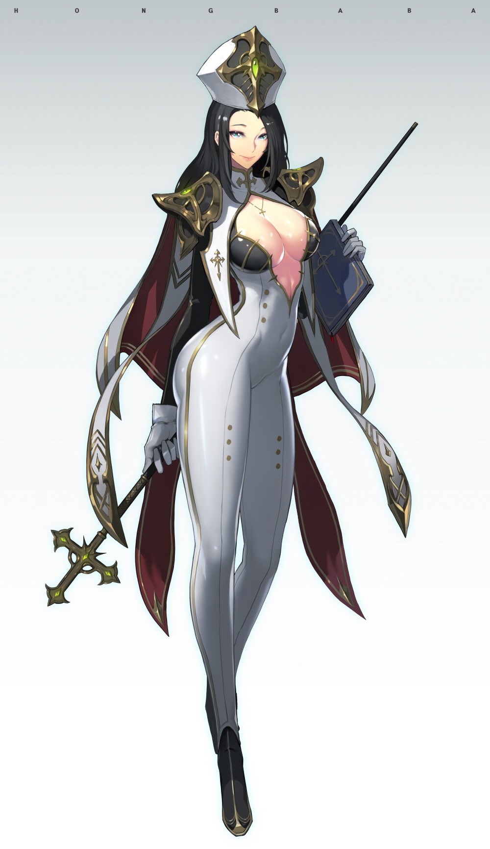 Anime woman in religious attire holding a book and staff HD Phone Wallpaper