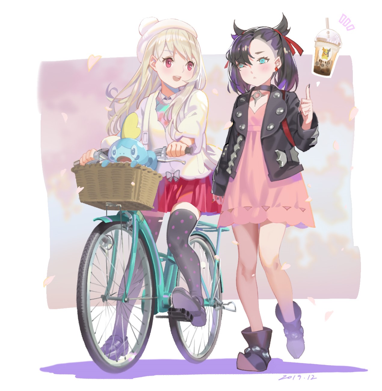 Two anime girls with a Pokemon on a bicycle HD Phone Wallpaper