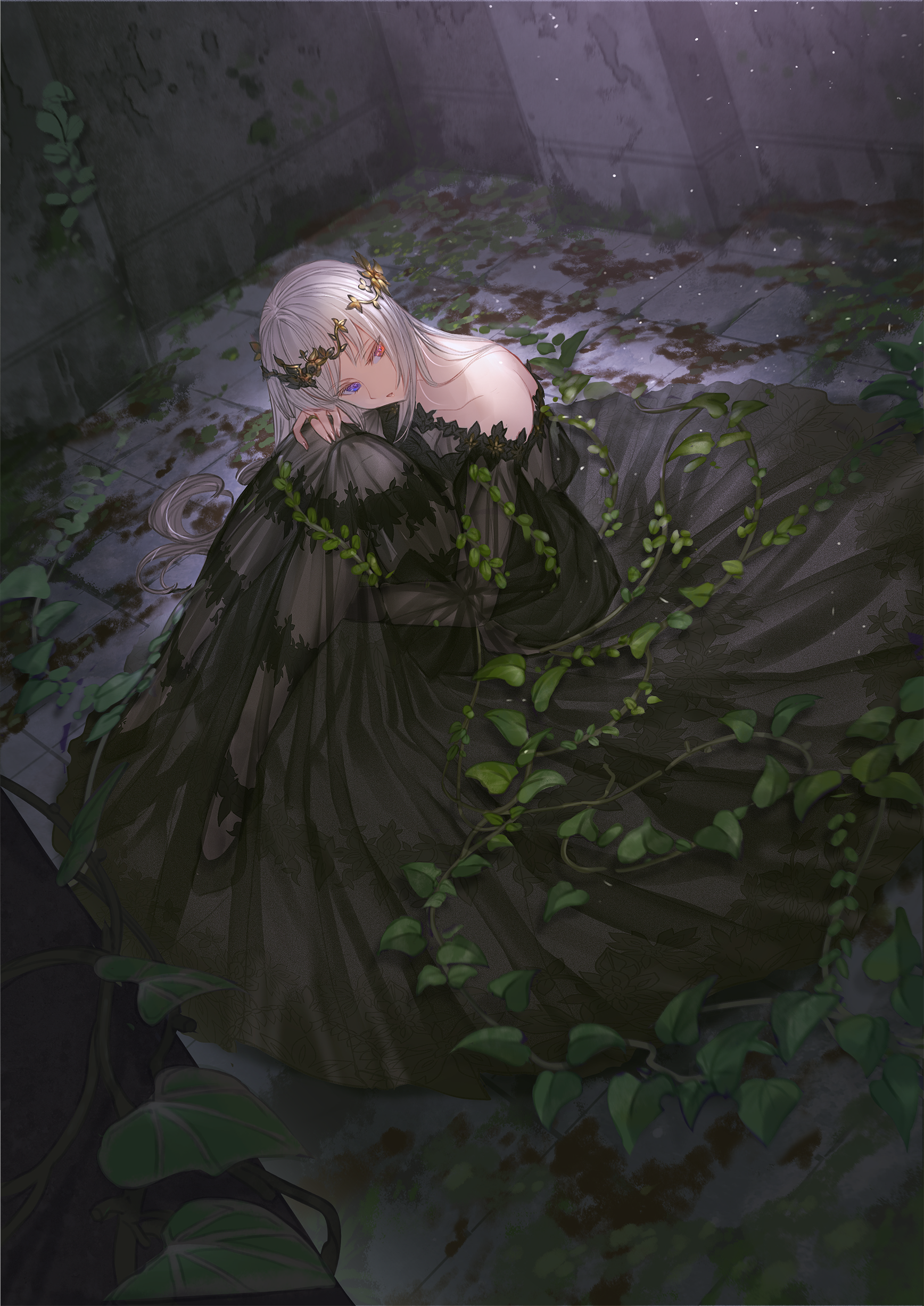 Anime girl with white hair in a black dress HD Phone Wallpaper