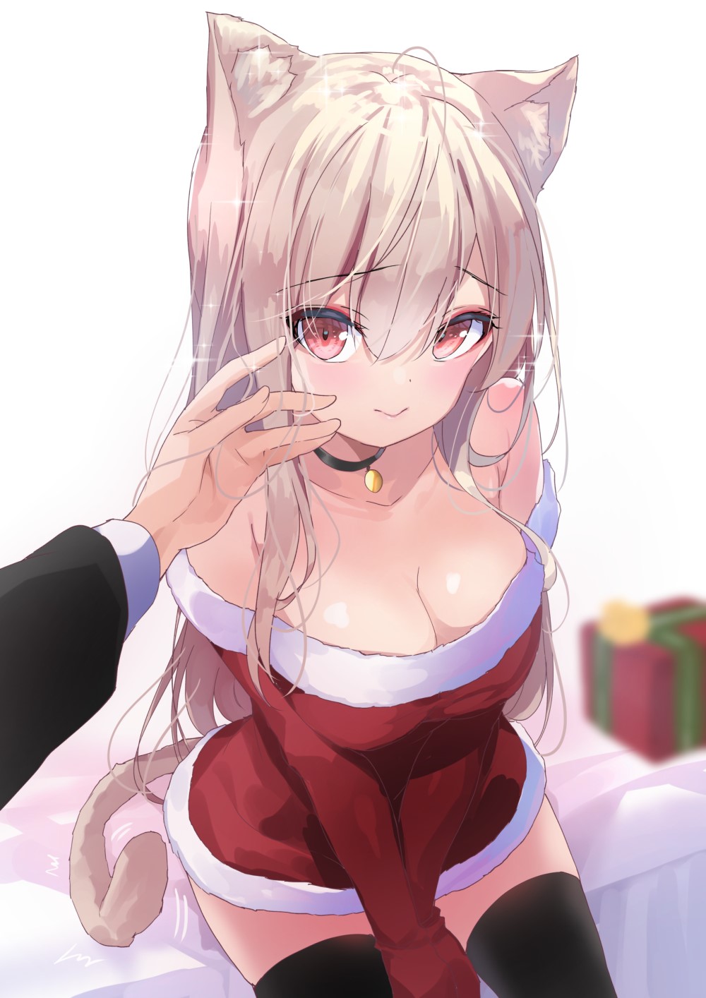 Anime girl in Santa outfit with cat ears HD Phone Wallpaper