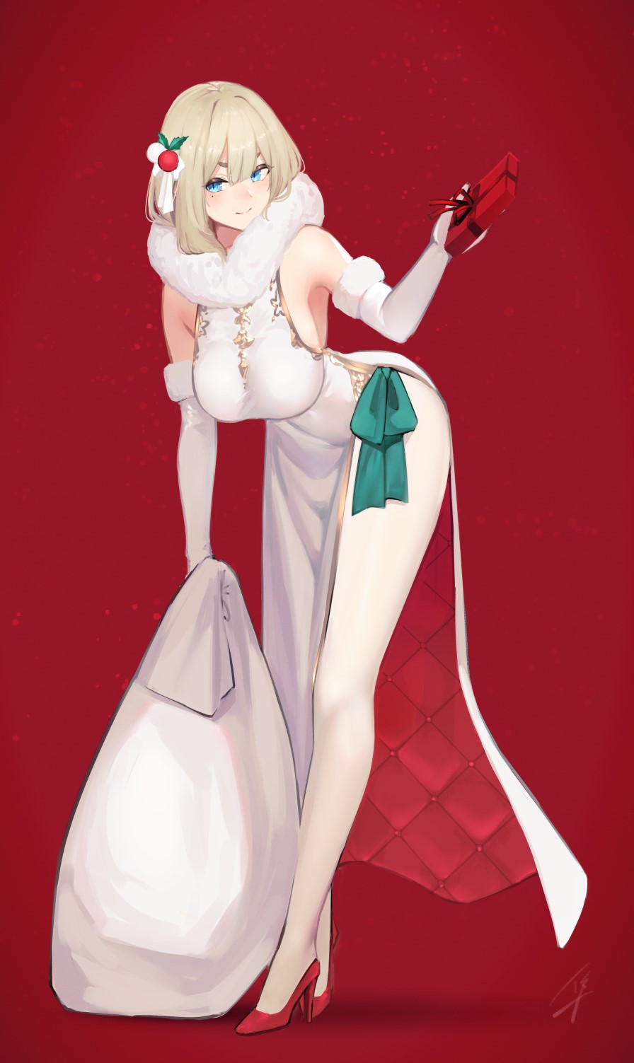 Anime girl in Christmas outfit holding gift HD Phone Wallpaper