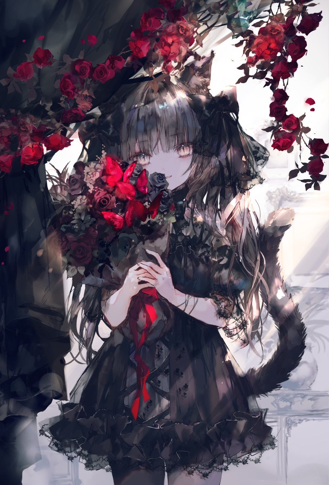 Anime girl with cat ears holding a bouquet of roses HD Phone Wallpaper
