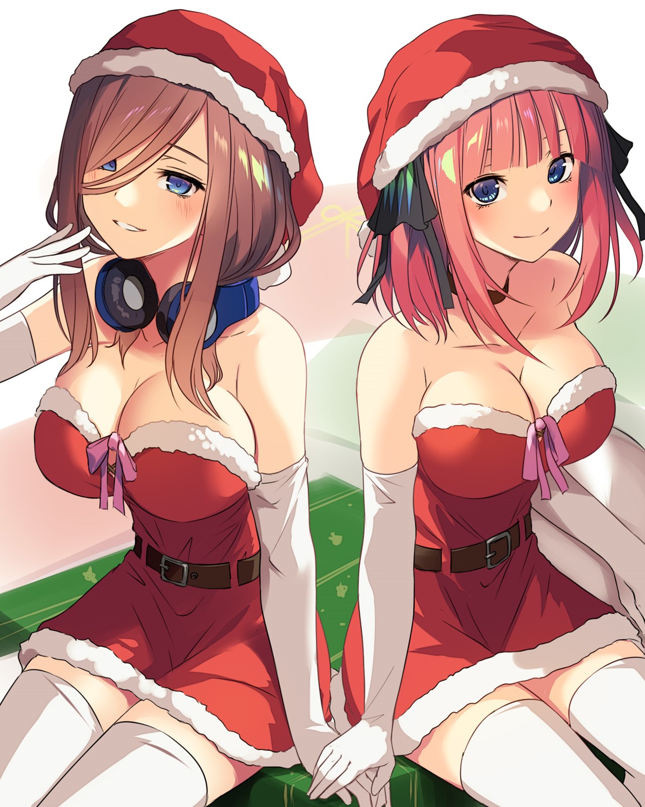 Miku and Nino Nakano in Santa Outfits HD Phone Wallpaper