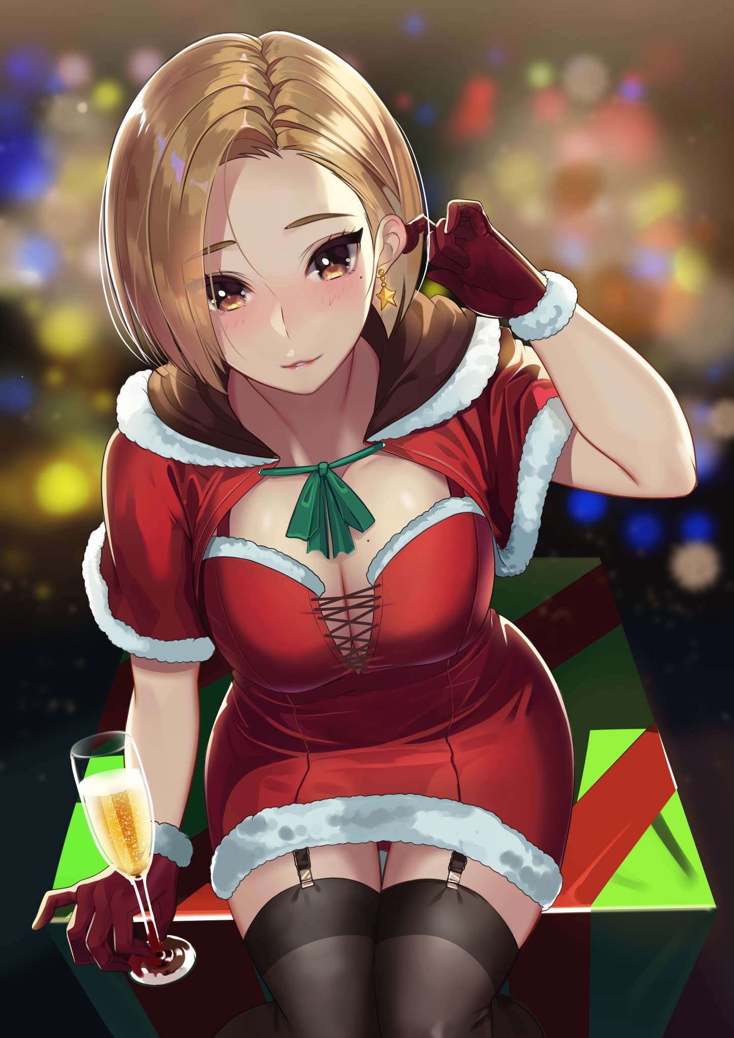 Anime girl in Christmas outfit with champagne HD Phone Wallpaper